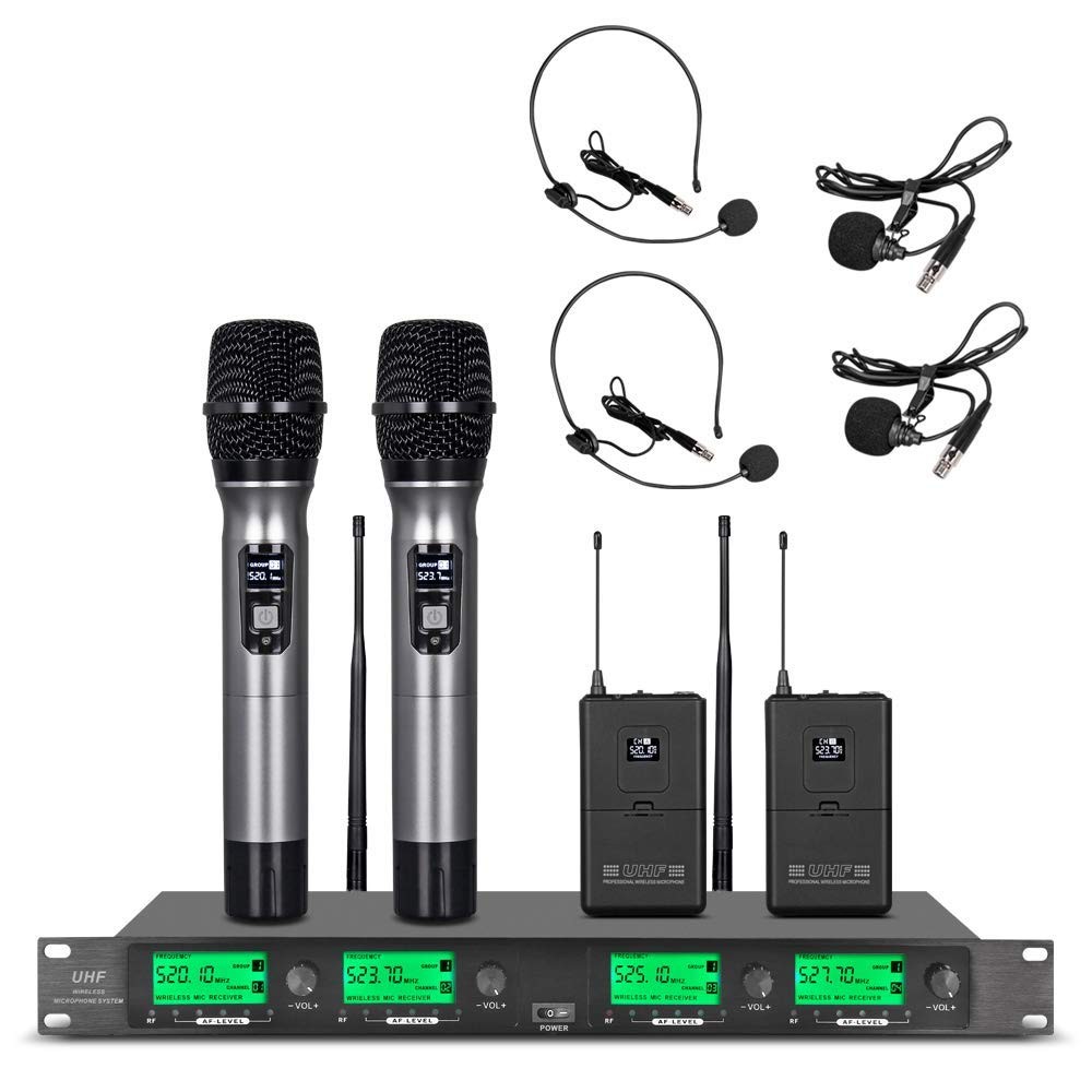 Wireless Microphone System UHF 4 Channel 2 Handheld Mic 2 Headset 2 Lavalier Bod
