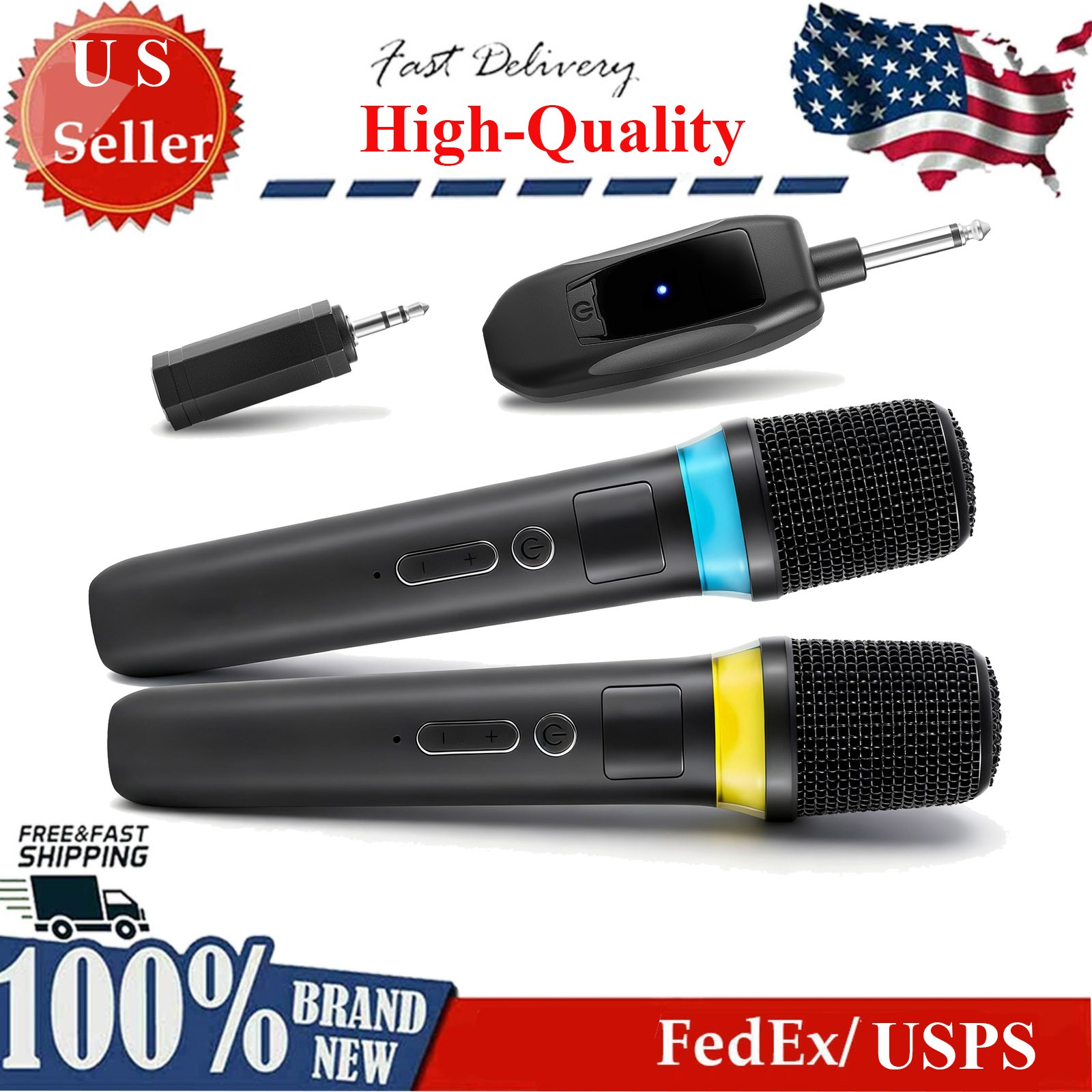 UHF Wireless Handheld Microphones With RGB Lighting 164FT Range For DJ Karaoke