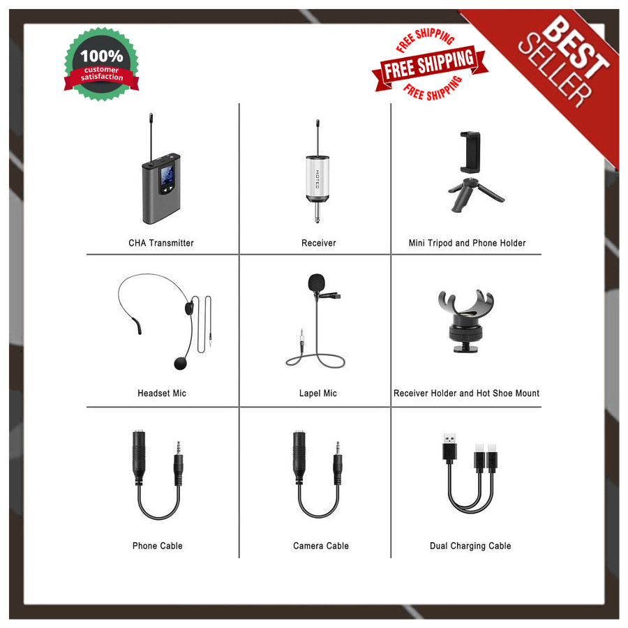 UHF Wireless Headset Lavalier Mic with Bodypack & Rechargeable 1/4″ Receiver