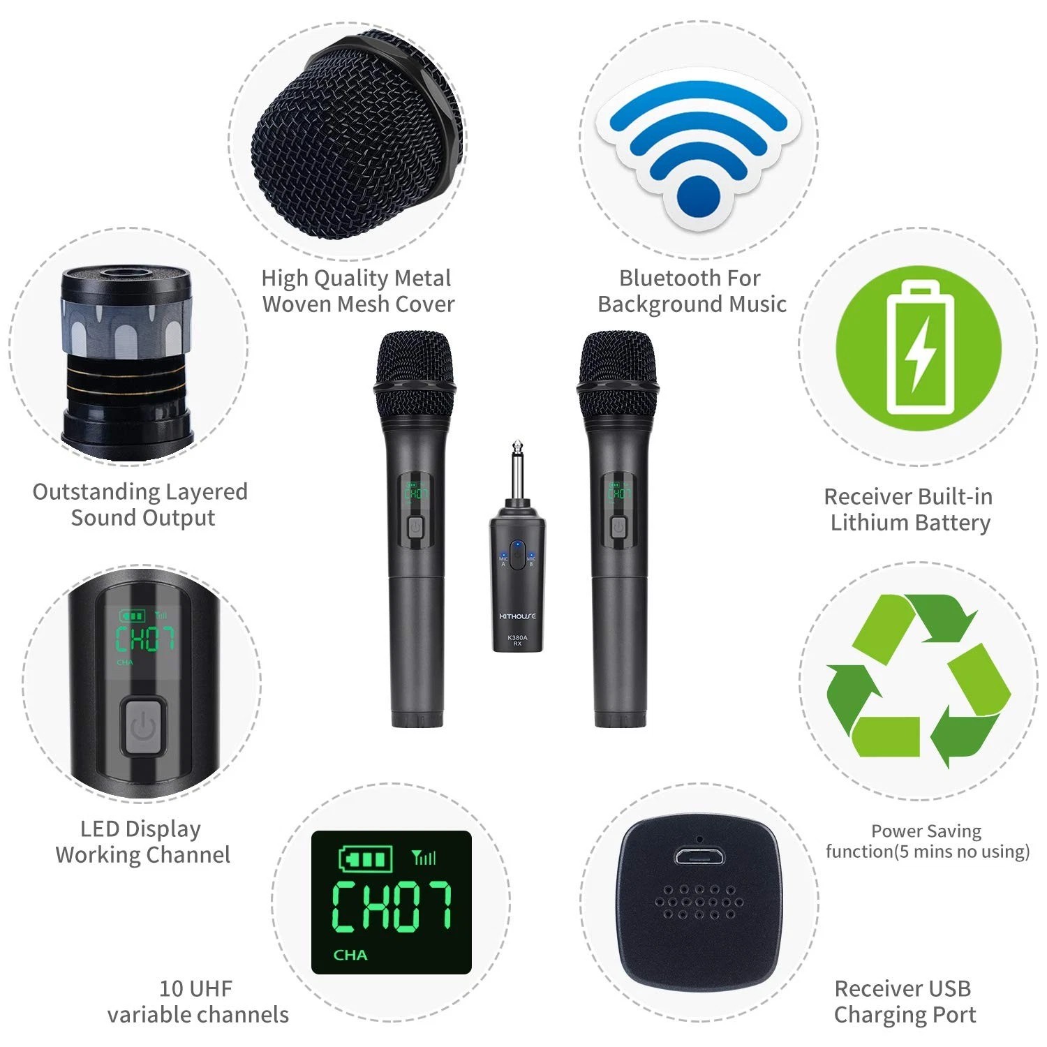 Kithouse K380A Wireless Microphone Dual Black Handheld Mics Bluetooth 1/4in TS