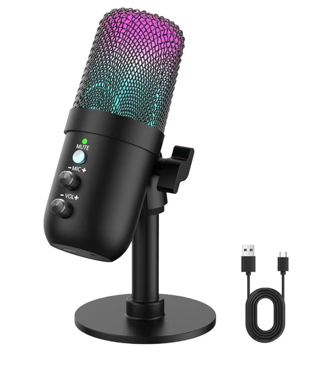 USB Microphone, Computer Condenser Mic with Noise Cancellation, Echo Mode, RGB L