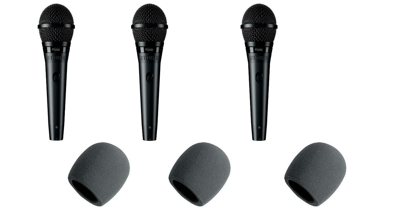 3X Shure PGA58-XLR Dynamic Vocal Handheld Mic w/ Foam Windscreens & Pouch