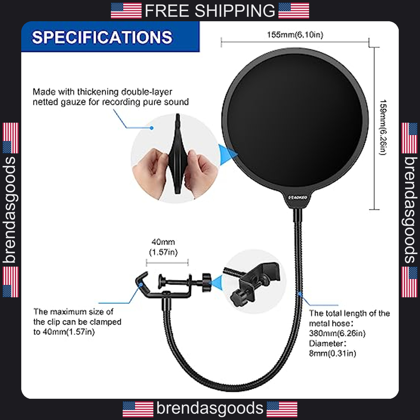 Microphone Pop Filter Double Layer Wind Screen for Blue Yeti and More