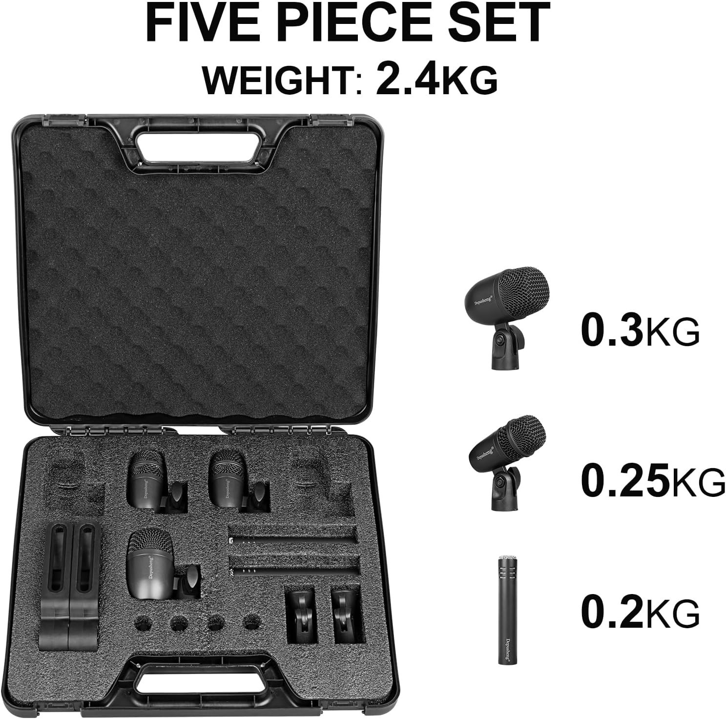 5-Piece Wired Dynamic Microphone Kit for Drums and Vocals – Sturdy Metal Design