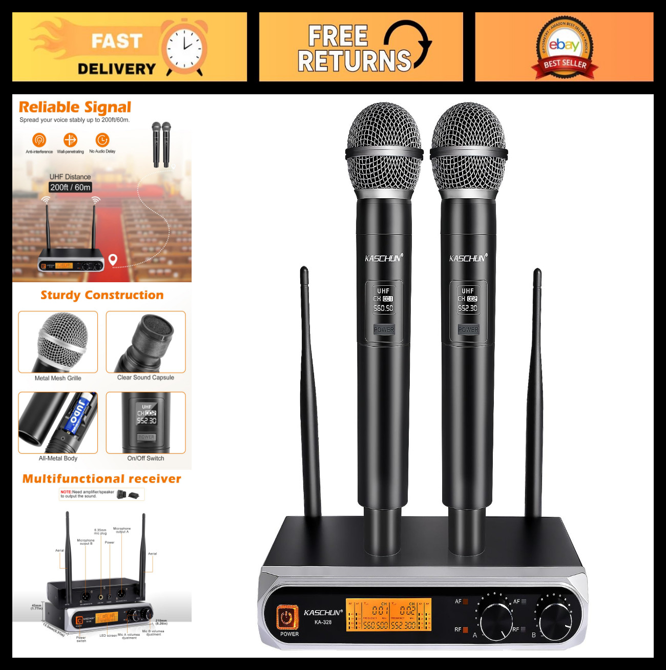 Dual UHF Wireless Microphone System, 200ft Range, Cordless for Karaoke, DJ, Wedd