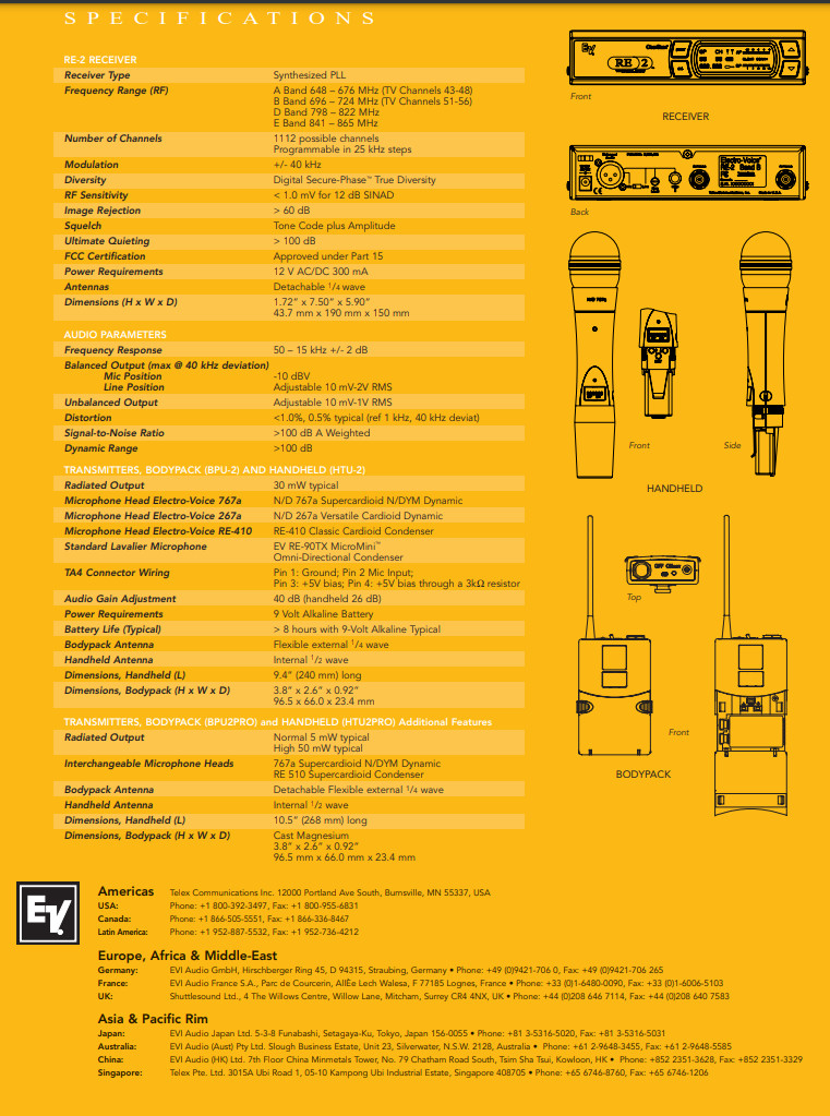 ElectroVoice UHF Wireless Microphone system EV-RE2-BP, Band-A.