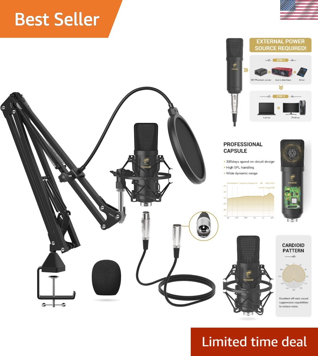 XLR Condenser Microphone, Professional Cardioid Studio Mic Kit with T20 Boom …
