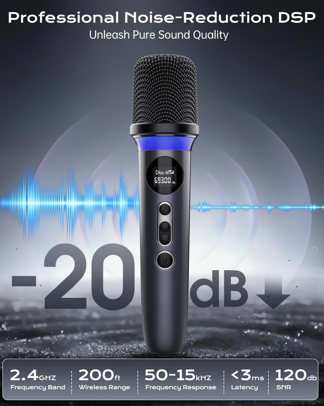 Dual Handheld Wireless Dynamic Microphone RGB Light 200FT Range 40Hour