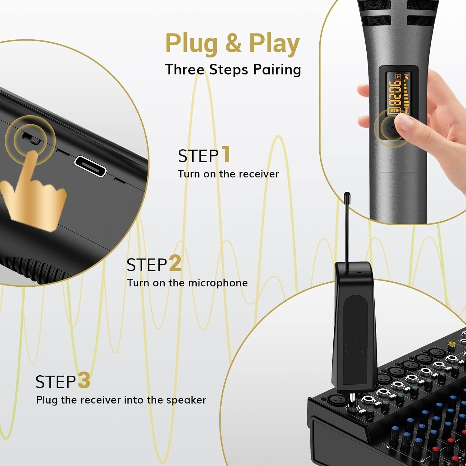 Micrófono inalámbrico dual UHF, de mano, de metal con receptor recargable