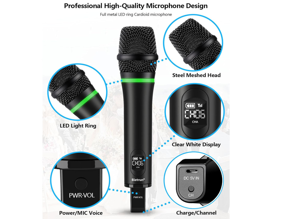 Micrófono inalámbrico recargable, con salida de 1/4 pulgadas para karaoke…