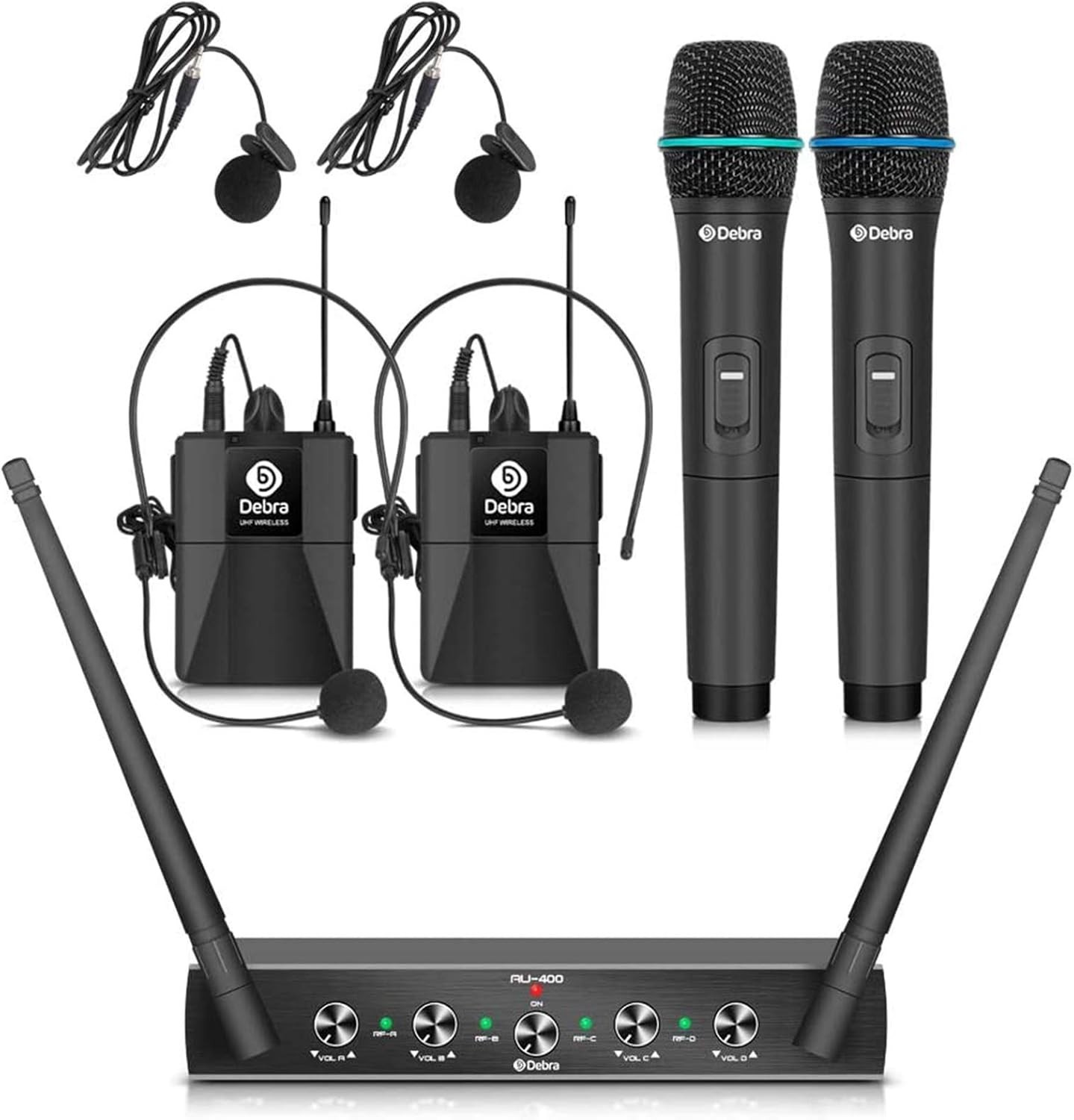 D Debra Audio AU400 Pro UHF 4 Channel Wireless Microphone System with Cordless