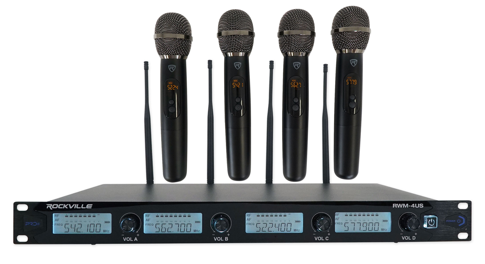 Rockville RWM-4US Quad Wireless UHF 4 Microphone System w/Adjustable Frequency
