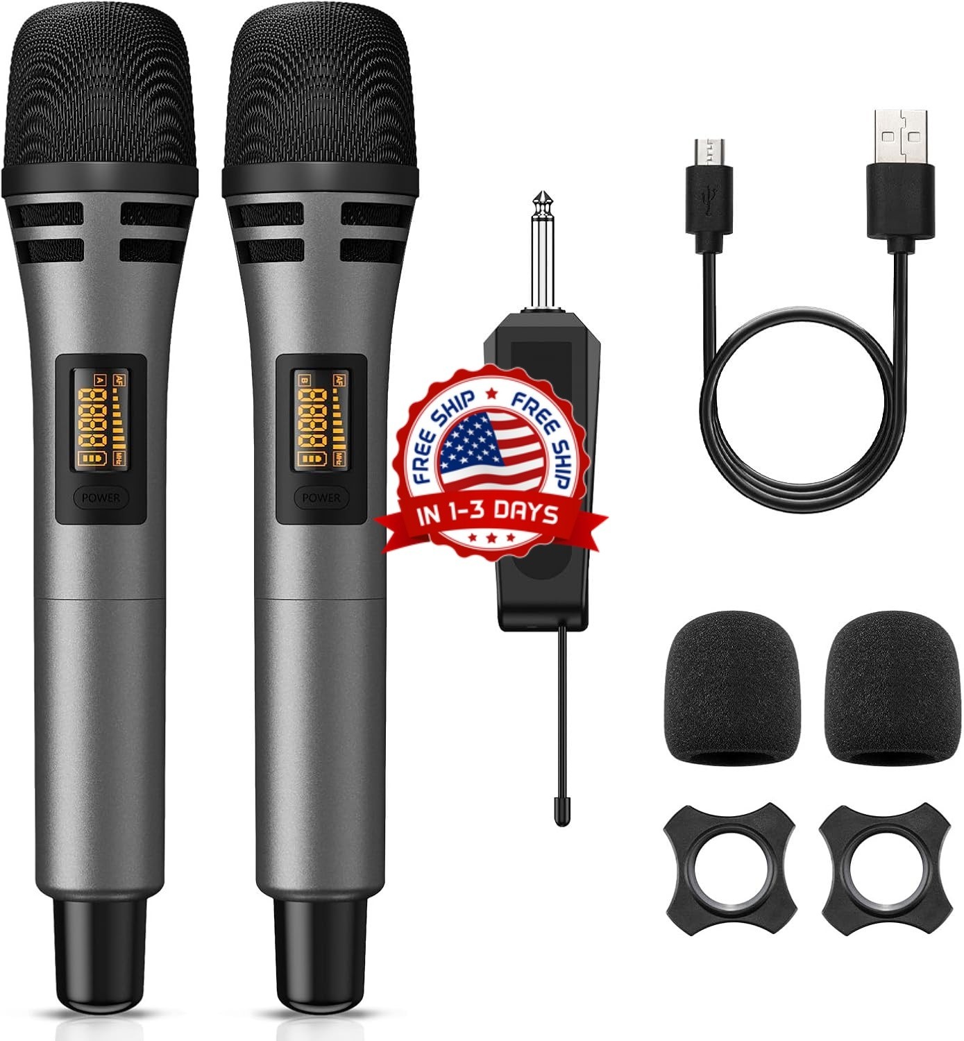 Micrófono inalámbrico dual UHF, de mano, de metal con receptor recargable