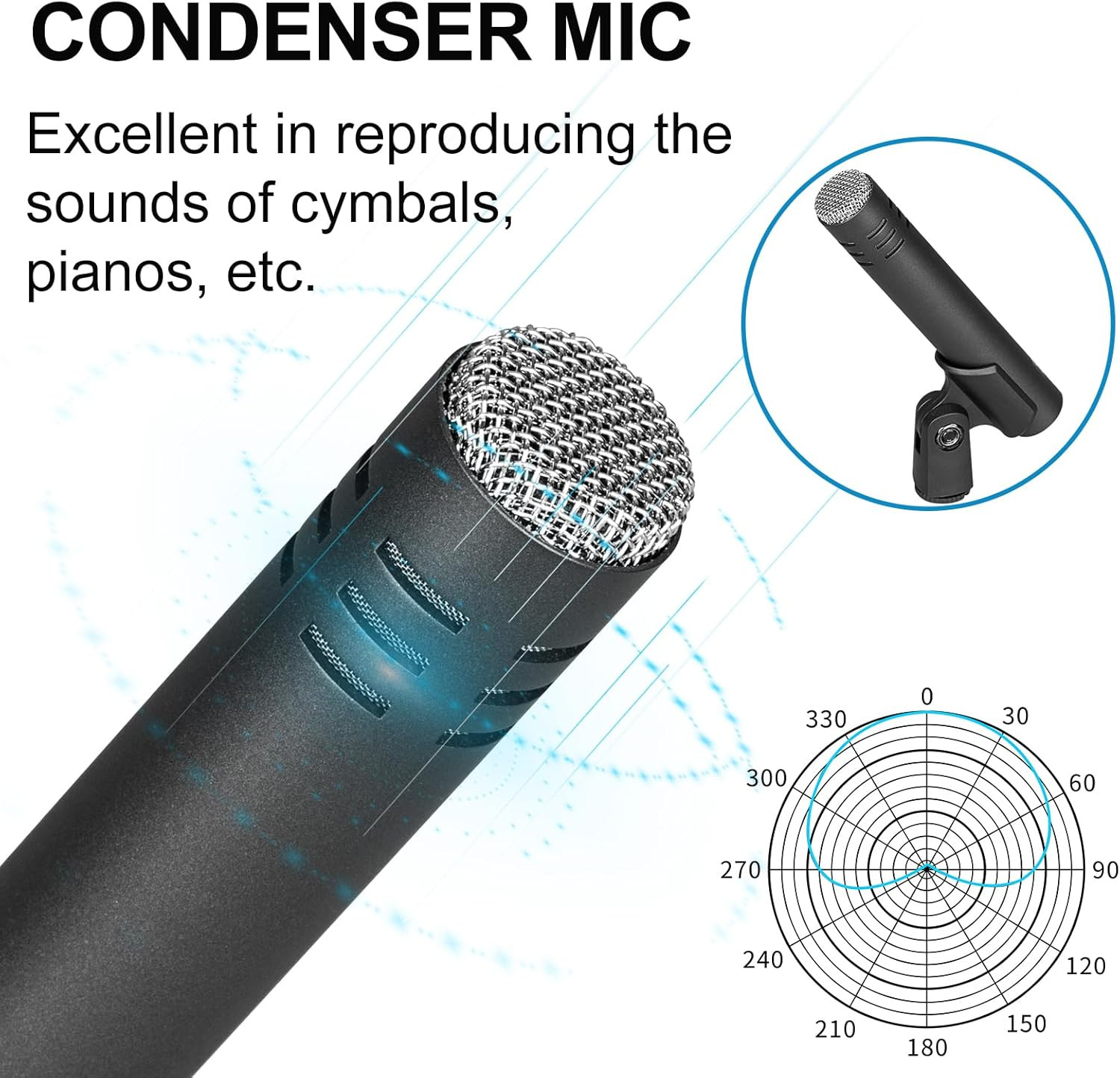 5-Piece Drum Microphone Set with 3 Dynamic Percussion Microphones and 2 Condense