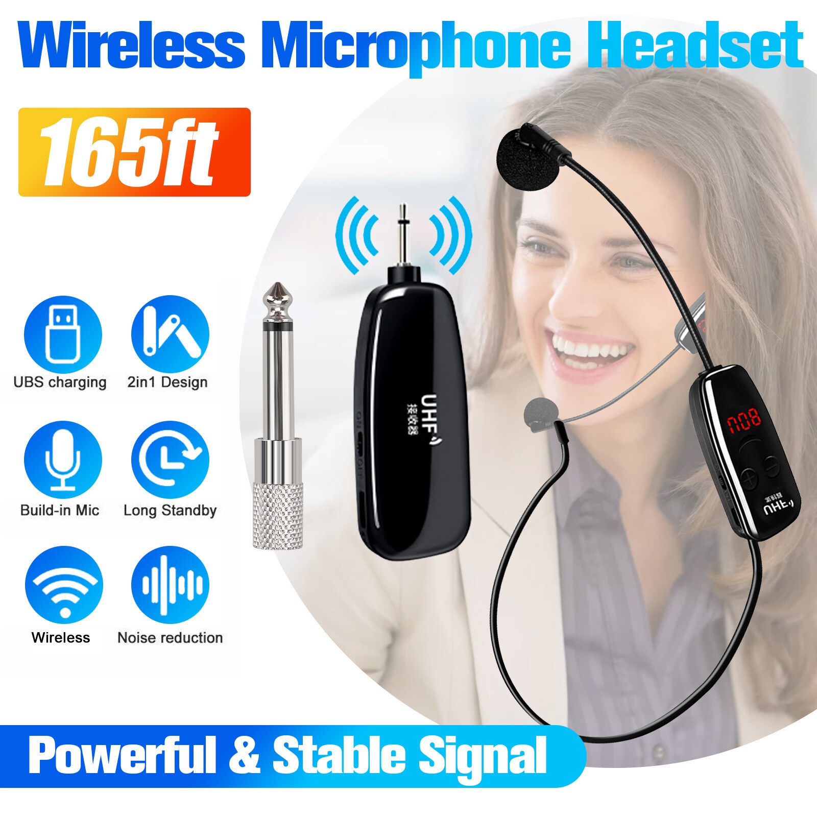 UHF Wireless Microphone Headset 165ft 1/4” Plug Handheld Mic 2 in 1 for Speaker