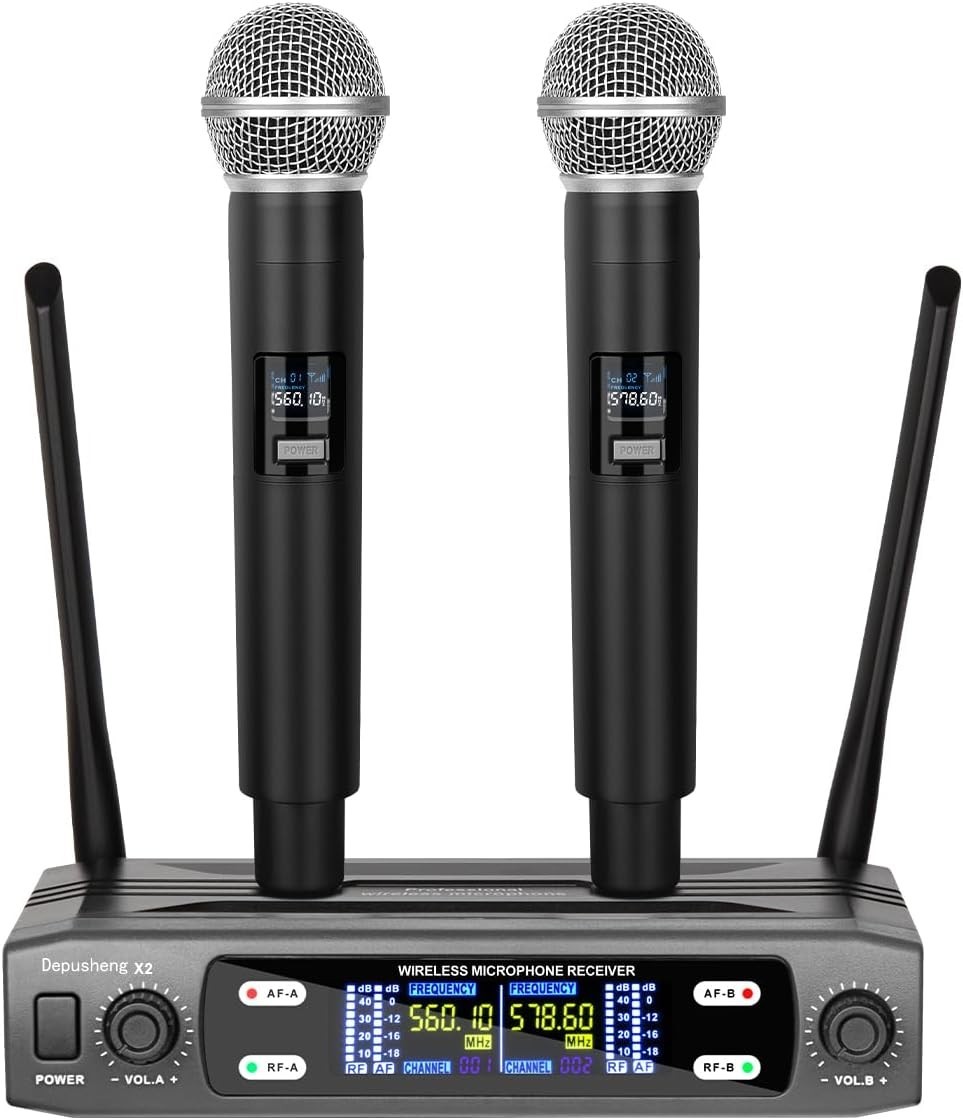 Depusheng VHF Wireless Microphone System Dual Handheld Mics 200ft Range