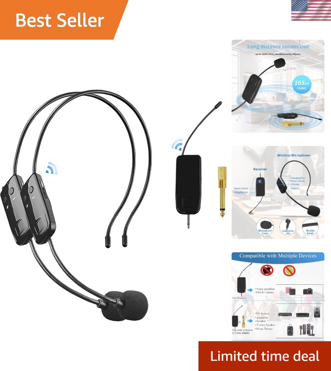 Dual Wireless Headset Microphones – 2.4G Technology for Clear Sound Up to 165ft