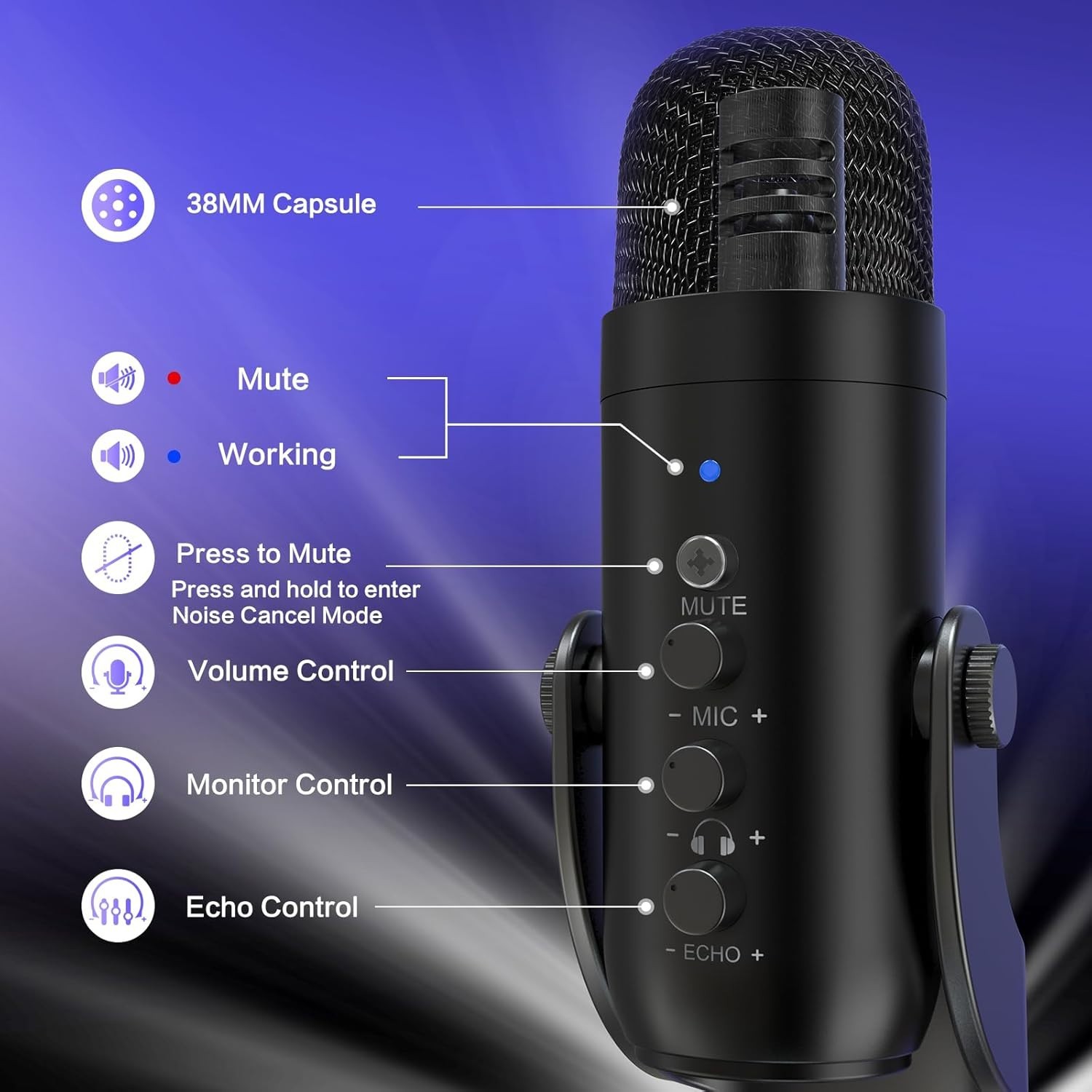 Podcast Microphone for PC, Noise Cancellation USB Mic with Gain, Volume Adjustme