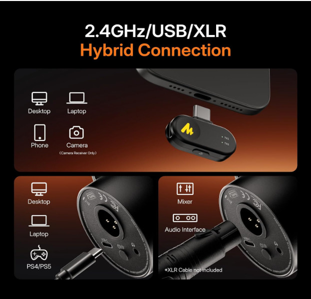 Micrófono dinámico híbrido inalámbrico XLR/USB con brazo, cancelación de ruido,