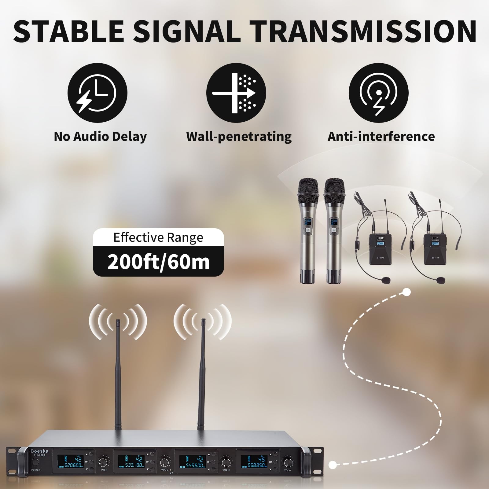 4 Channel Wireless Microphone System UHF 2 Cordless Handheld Mics and 2 Laval…