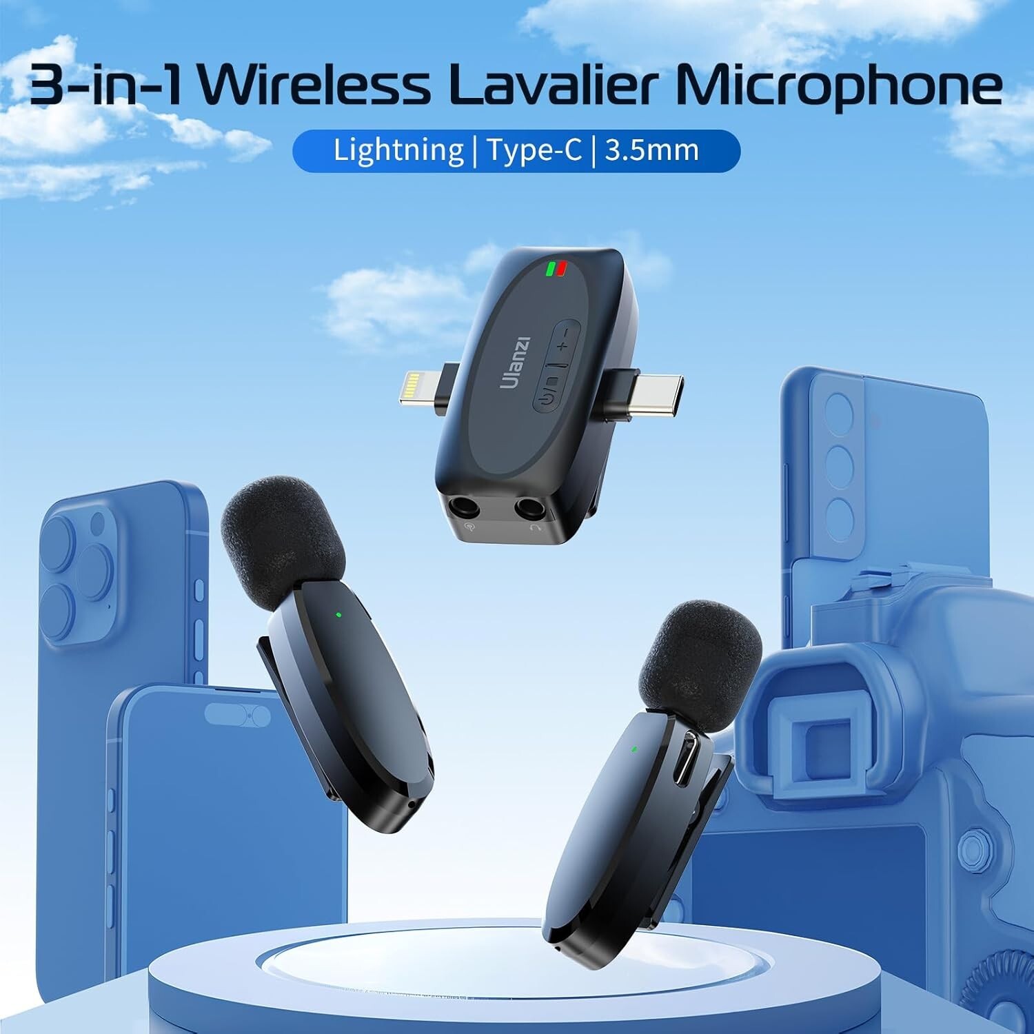 Micrófono lavalier inalámbrico V6 3en1, 50m, iPhone Android cámara