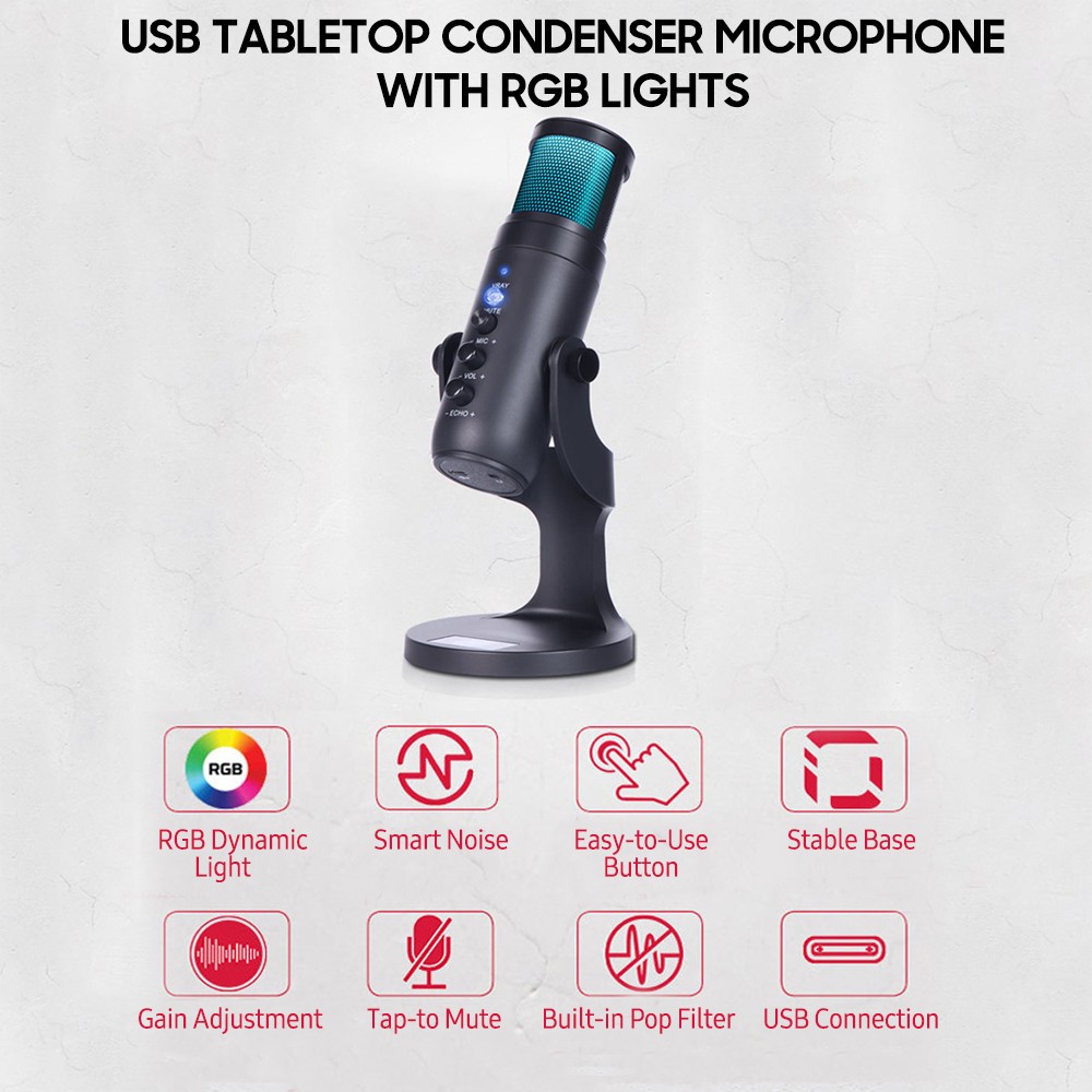 USB Condenser Microphone Tabletop Desktop RGB Microphone With Stand TRBD
