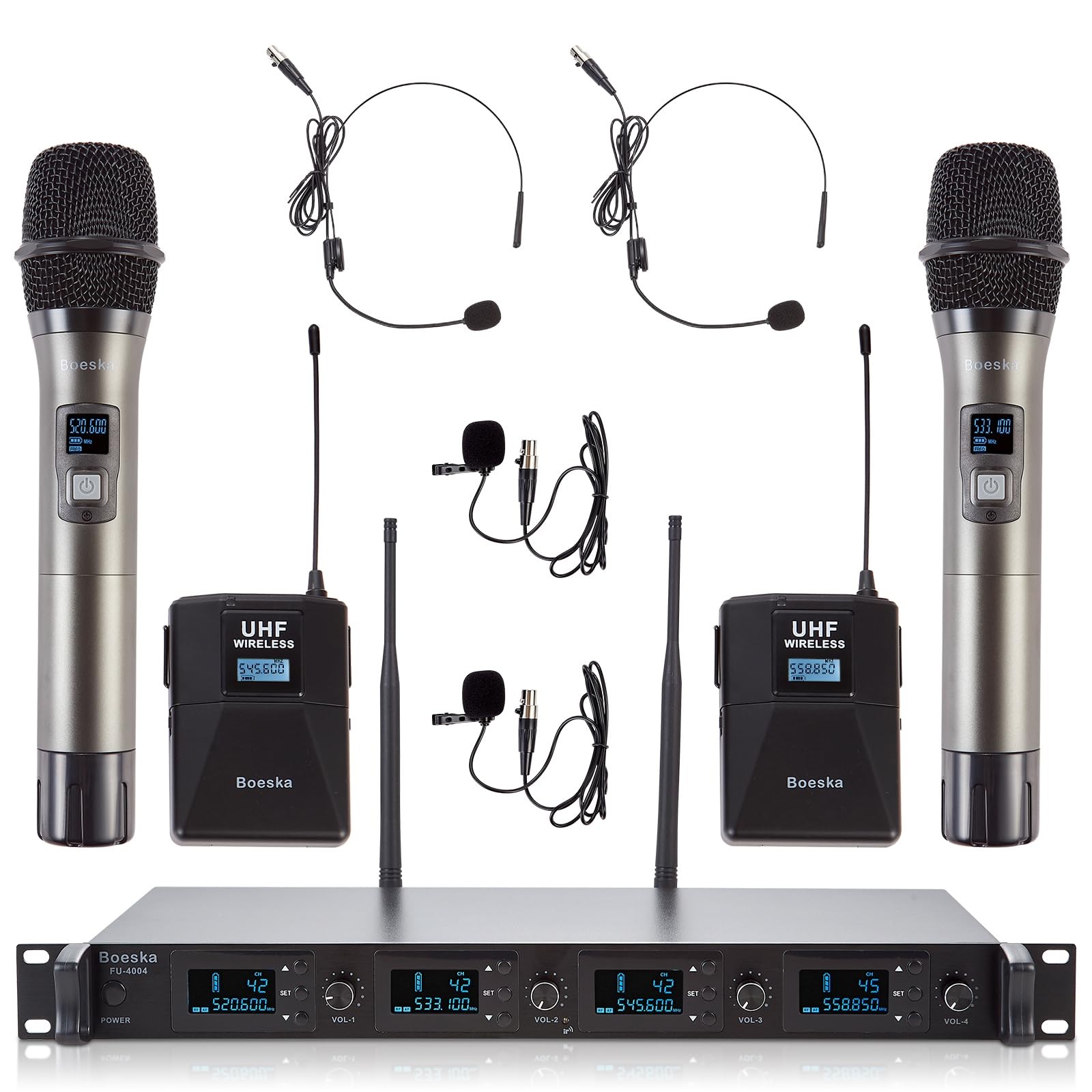 4 Channel Wireless Microphone System UHF 2 Cordless Handheld Mics and 2 Laval…