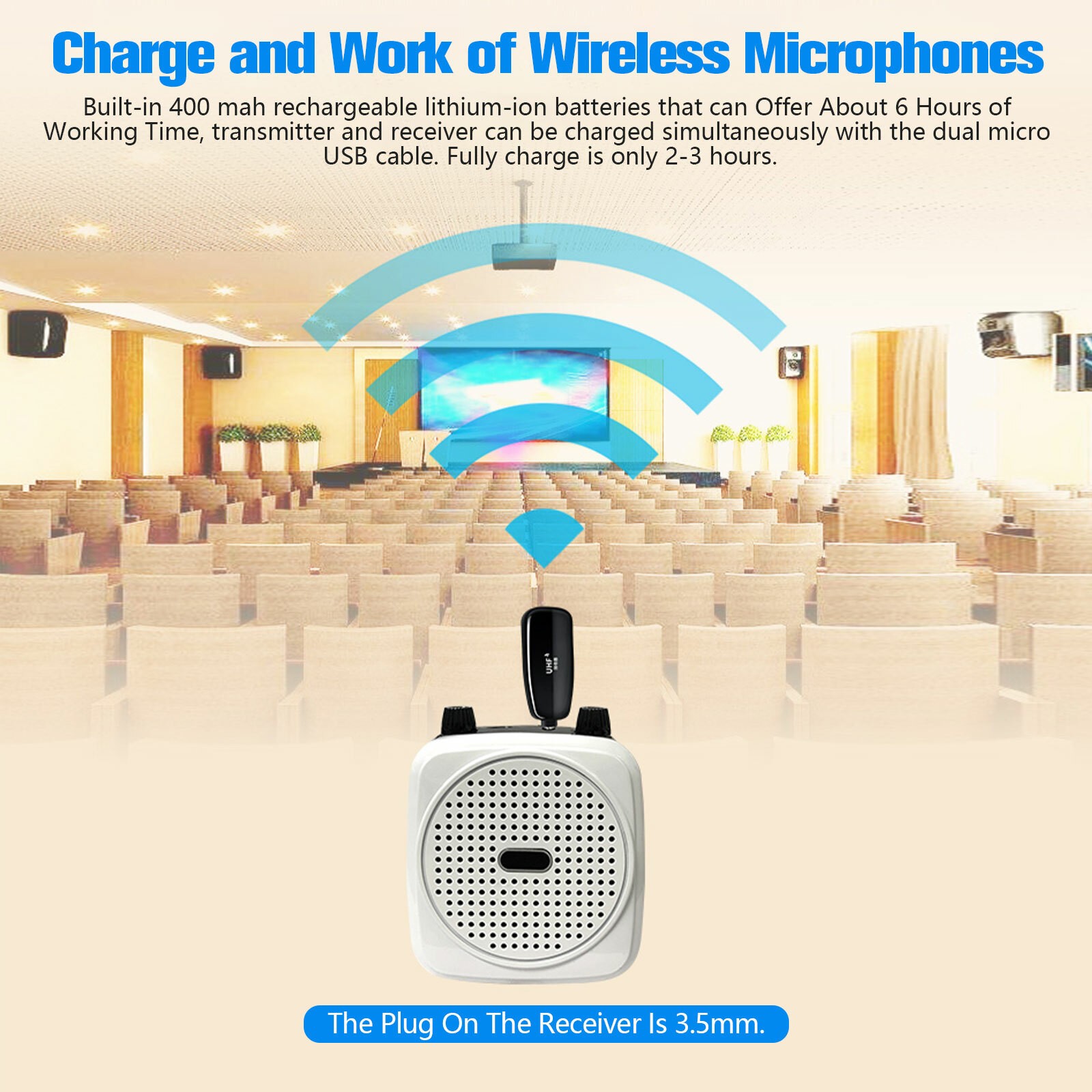 UHF Wireless Microphone Headset 165ft 1/4” Plug Handheld Mic 2 in 1 for Speaker