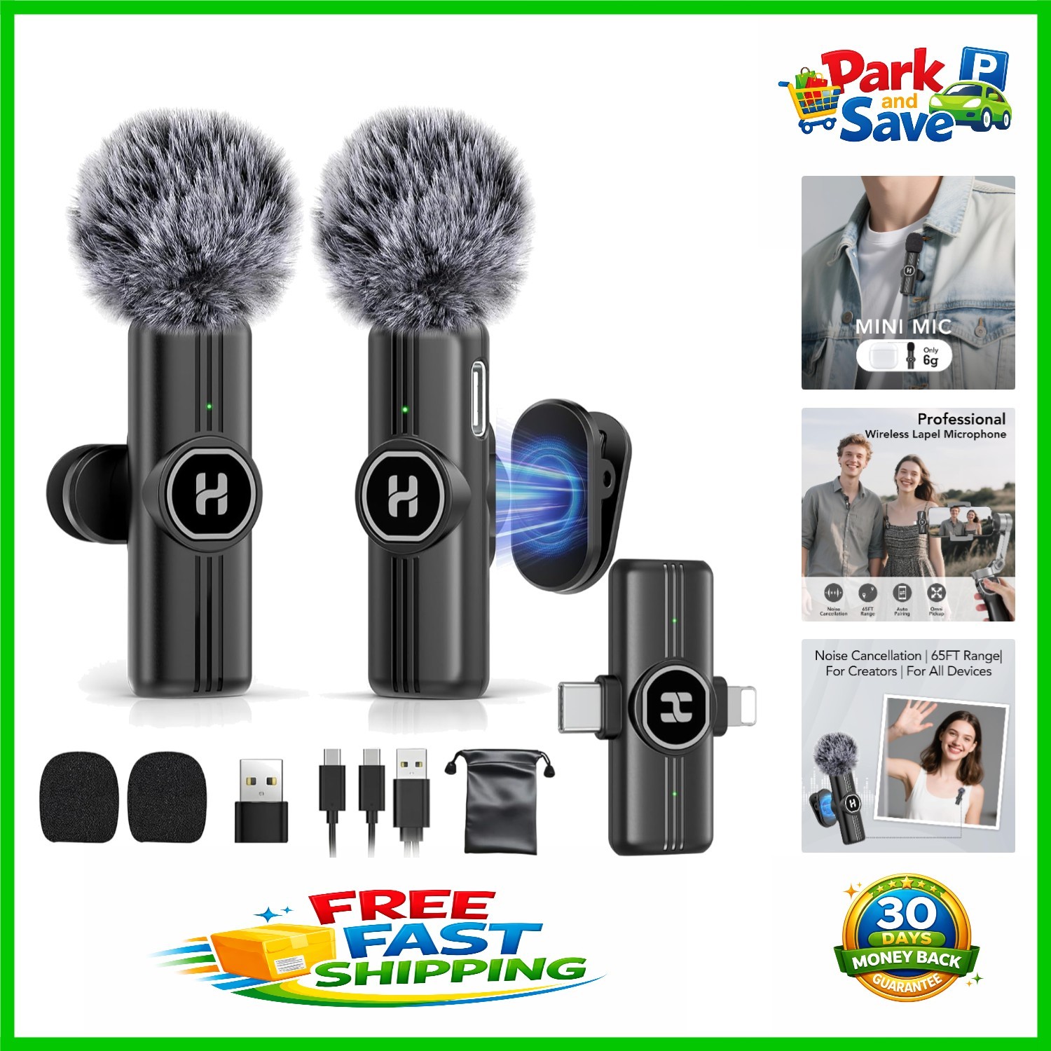 Rechargeable USB C Lavalier Microphone – 65FT Wireless Range, Mute Function