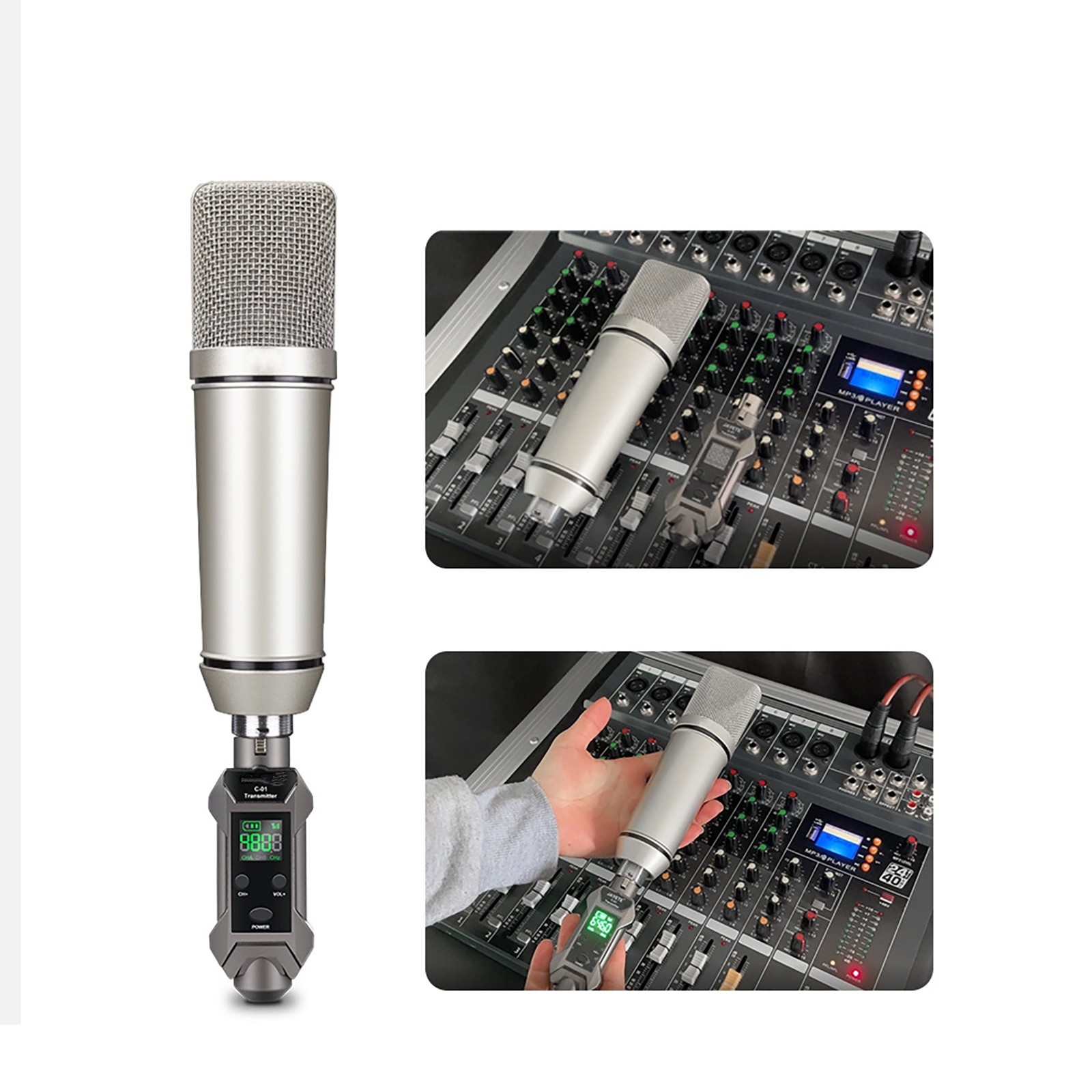 Rechargeable Plug-on Microphone Wireless System XLR Transmitter+Receiver+Adapter