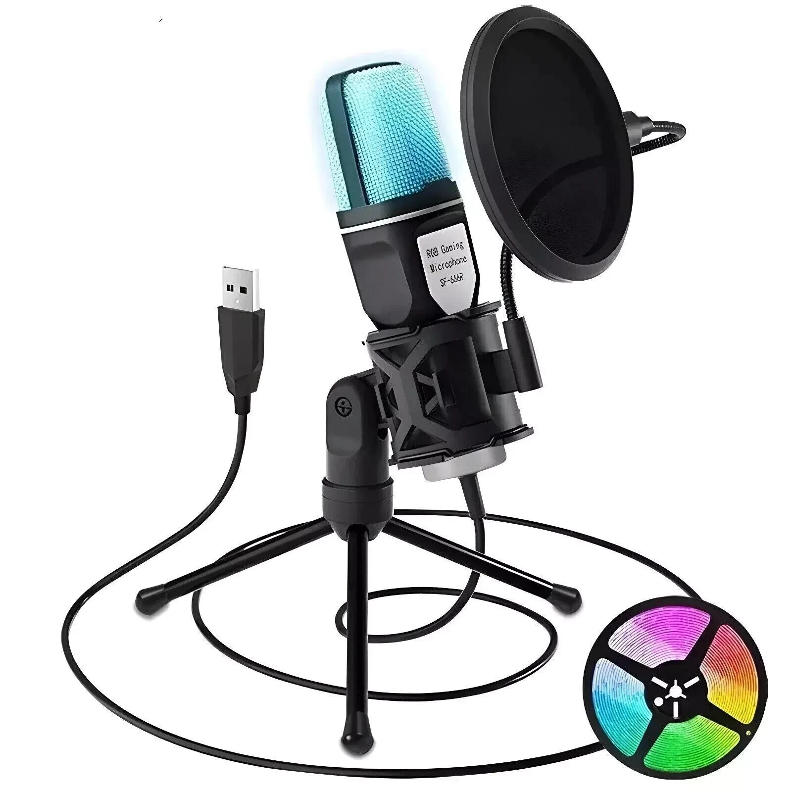 USB Condenser Microphone for PC, Laptop RGB Gaming Mic for Streaming, Podcast