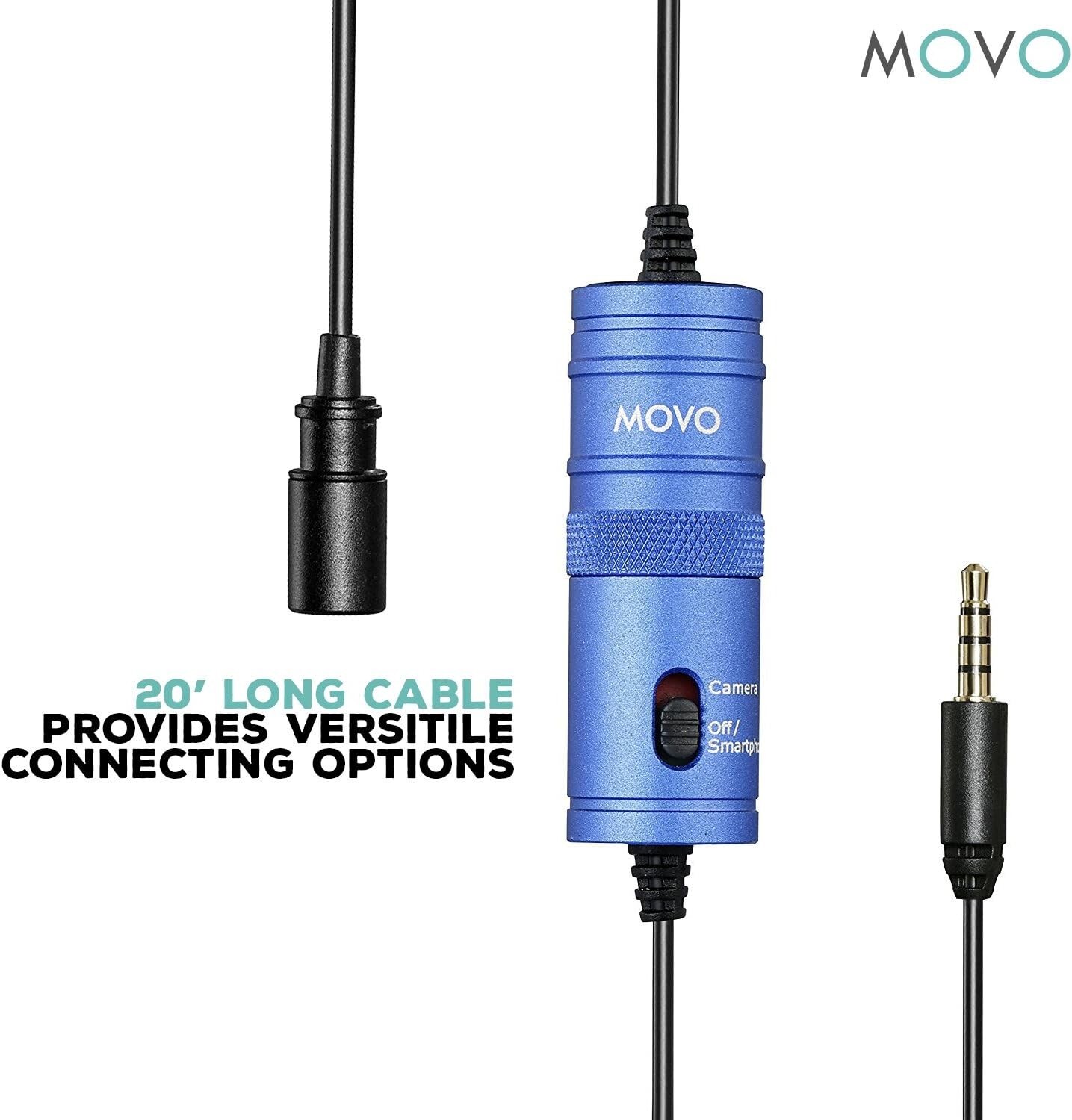 Movo LV1 Lapel Clip-on Mic w/ Headphone Monitoring, Blue, for DSLR Smartphone +