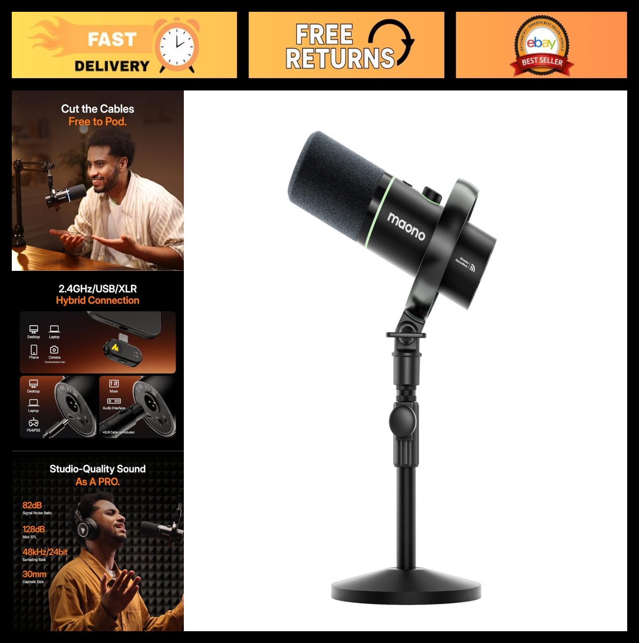 Wireless Podcast Microphone – Dynamic XLR USB Mic with Noise Cancellation, Stand