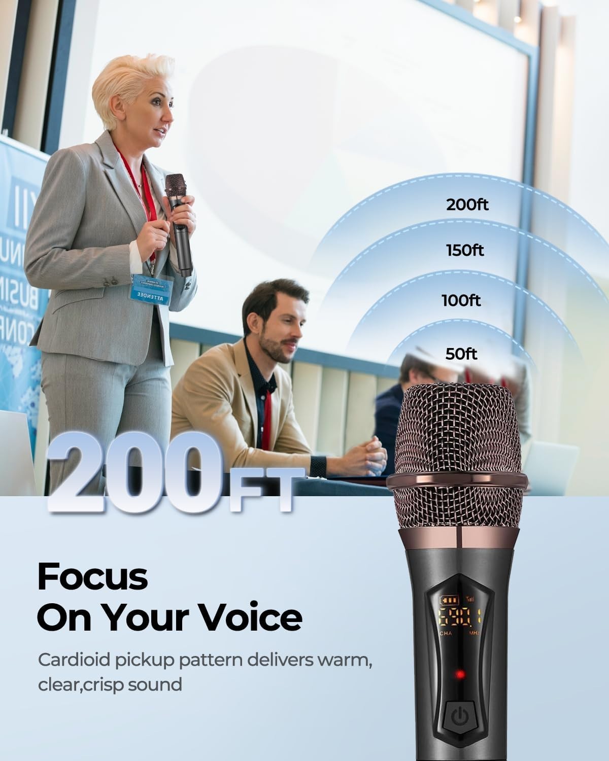 Professional Wireless Microphone System: Rechargeable, Easy Setup, 200ft Range