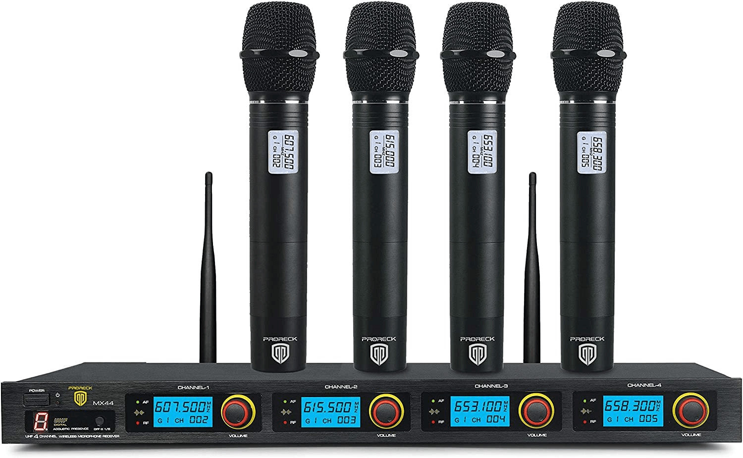 PRORECK MX44 4-Channel UHF Wireless Microphone System 4 Handhelds Karaoke Church