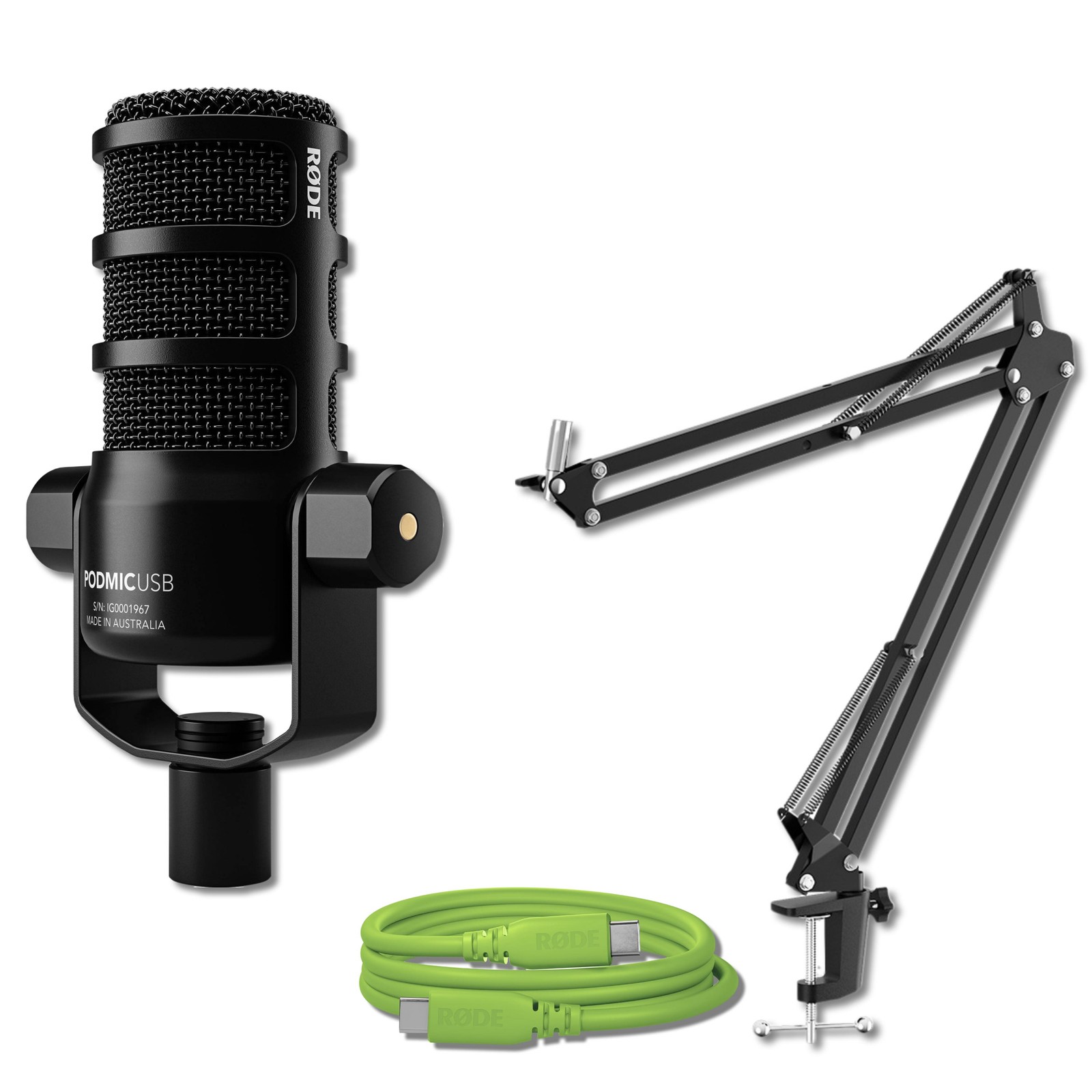 Rode PodMic USB Black Microphone with SC27 Green USB-C Cable and Boom Arm