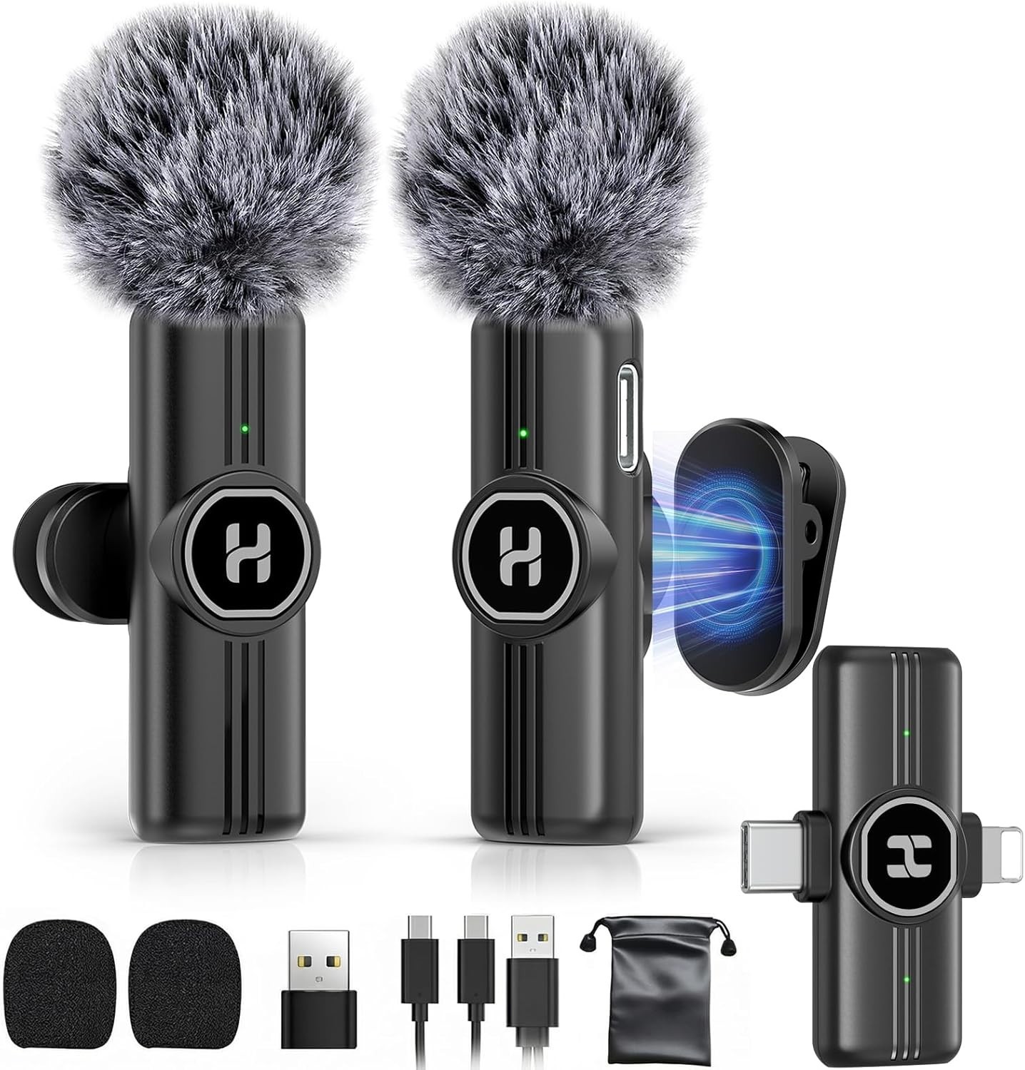 Rechargeable USB C Lavalier Microphone – 65FT Wireless Range, Mute Function