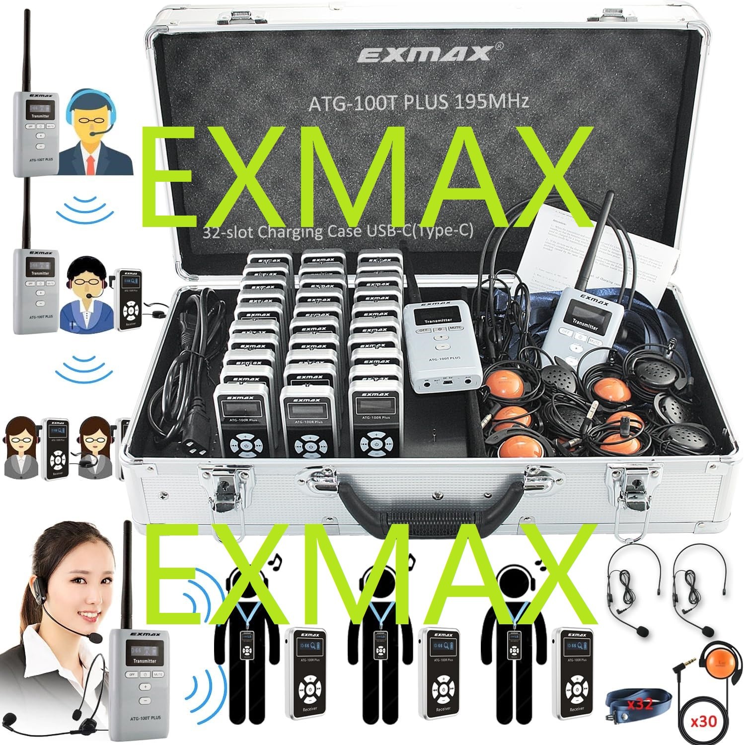 EXMAX ATG-100T PLUS 195MHz Wireless Tour Guide System for Church Translation