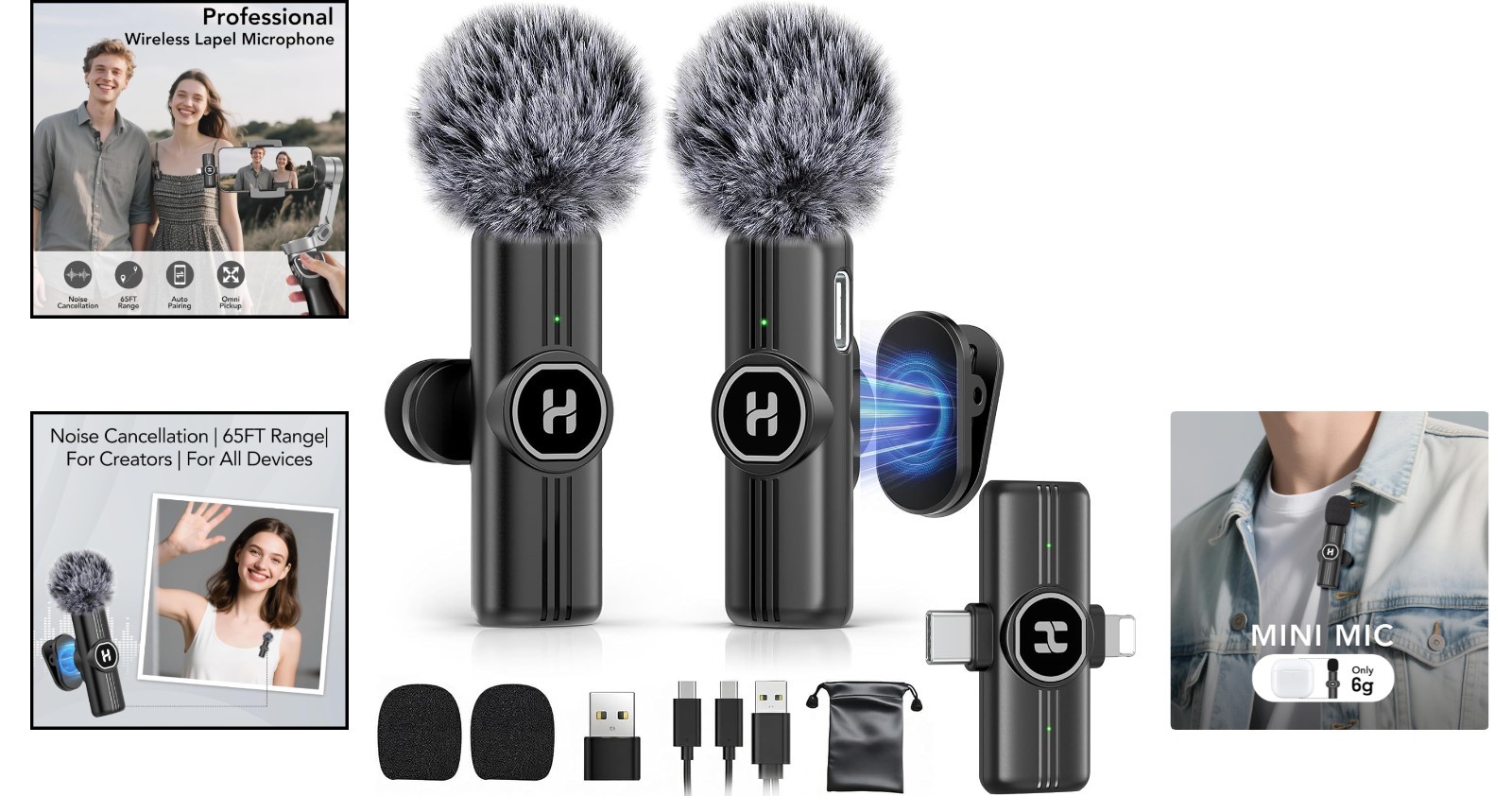 Rechargeable USB C Lavalier Microphone – 65FT Wireless Range, Mute Function