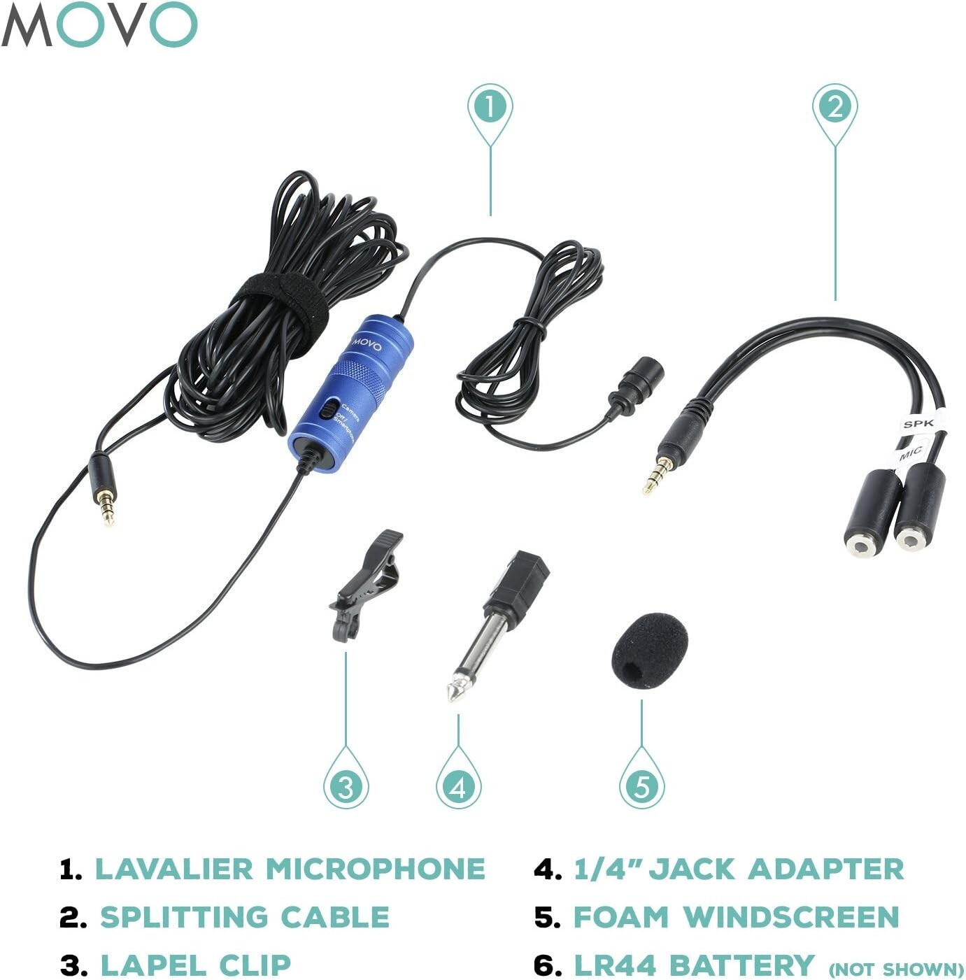 Movo LV1 Lapel Clip-on Mic w/ Headphone Monitoring, Blue, for DSLR Smartphone +