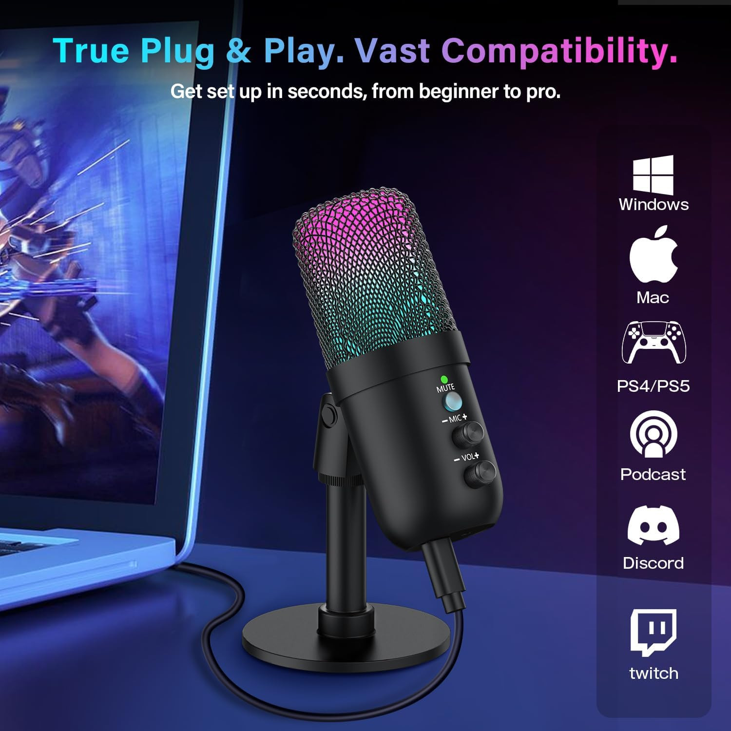 USB Microphone, Computer Condenser Mic with Noise Cancellation, Echo Mode, RGB L