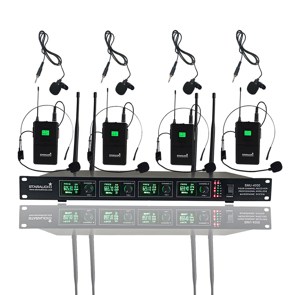 4 Channel Headset Lapel Wireless Microphone System Audio Quad UHF KTV Lapel Mics
