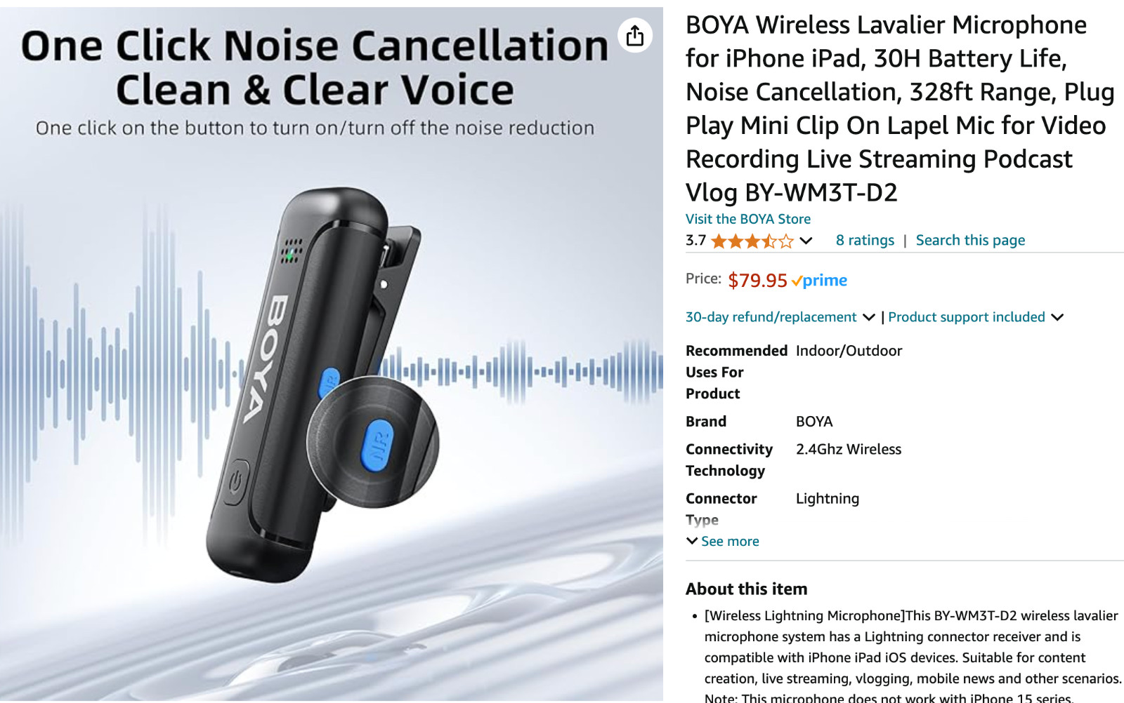 BOYA Wireless Lavalier Microphone for iPhone iPad, 30H Battery Life, BY-WM3T-D2