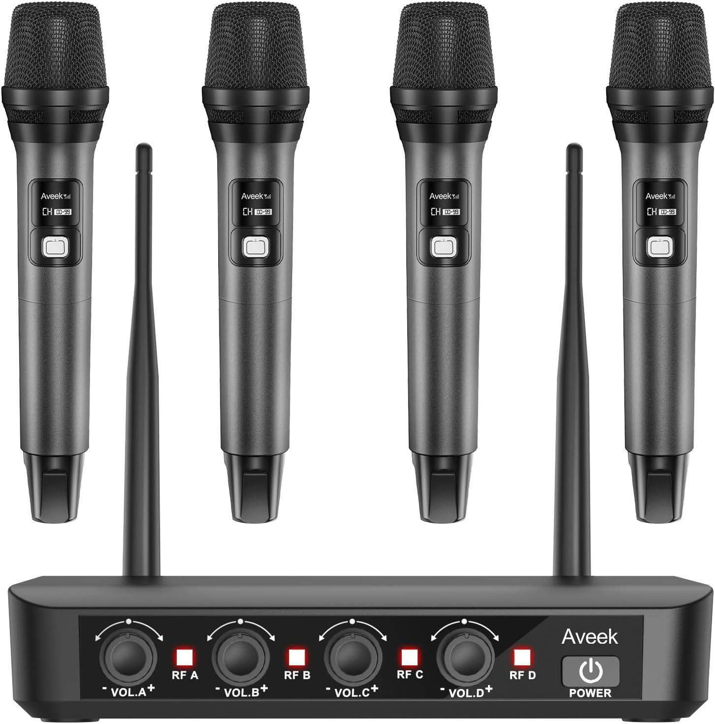 Wireless Microphone System with 4-Pack Dynamic Handheld Mics, 262Ft Long Range,