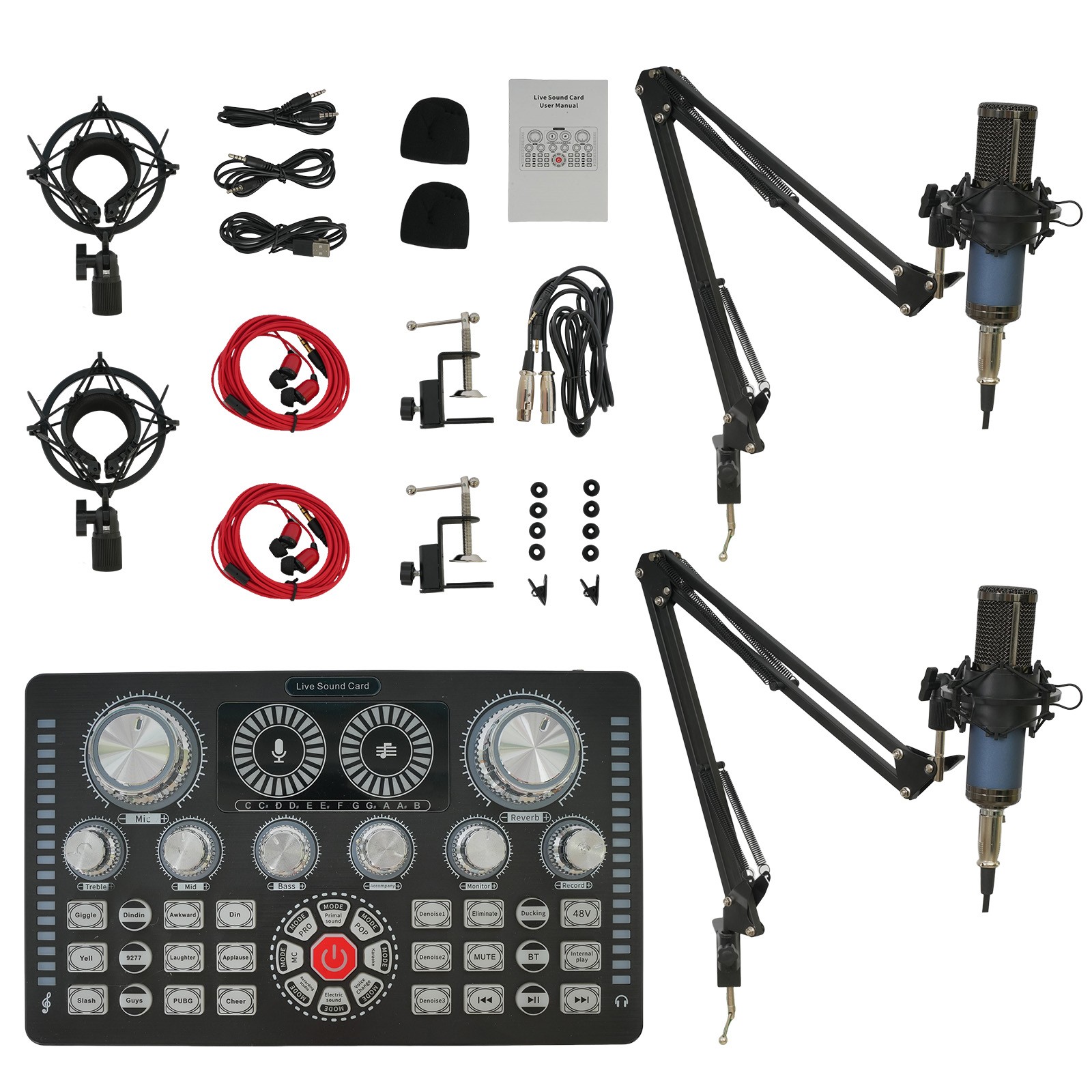 Studio Recording Kit Podcast Equipment Bundle Music Mixer with 2 Microphones Kit