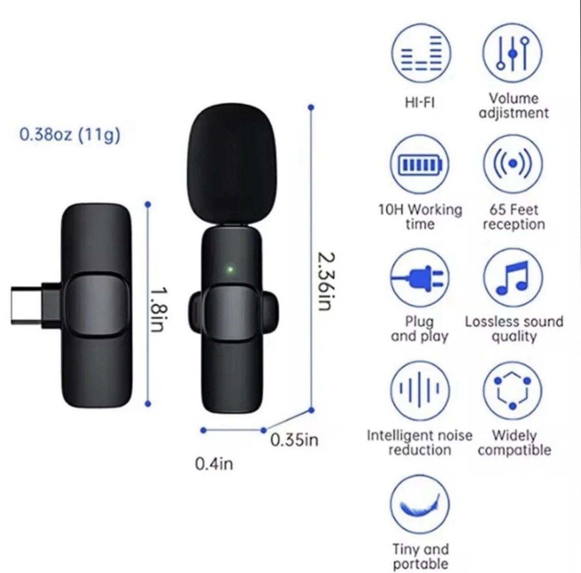 Pro Wireless Mini Mic Type C, iPhone, Android Lavalier Microphone For Recording