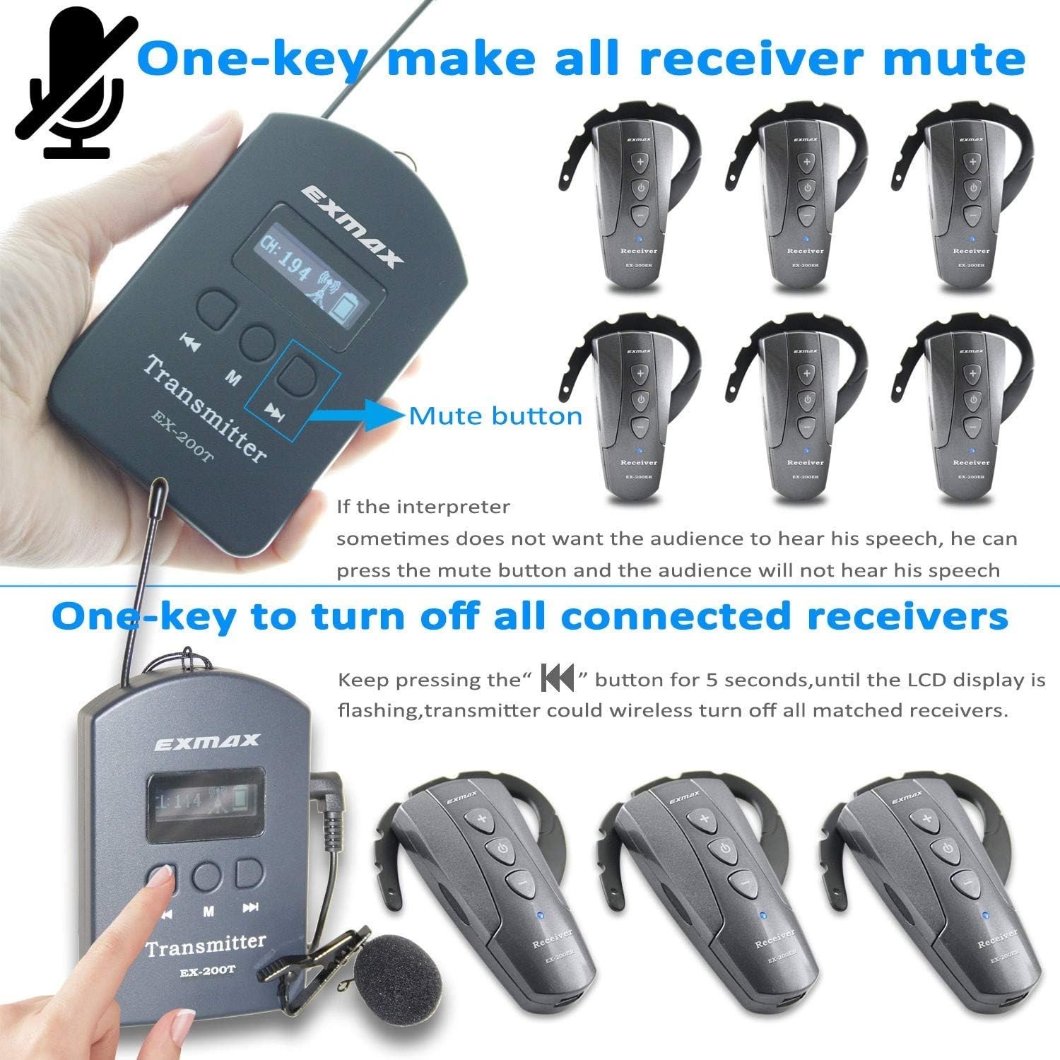 EXMAX EX-200E UHF Wireless Tour Guide System for Private Speech City Tours(1T2R)
