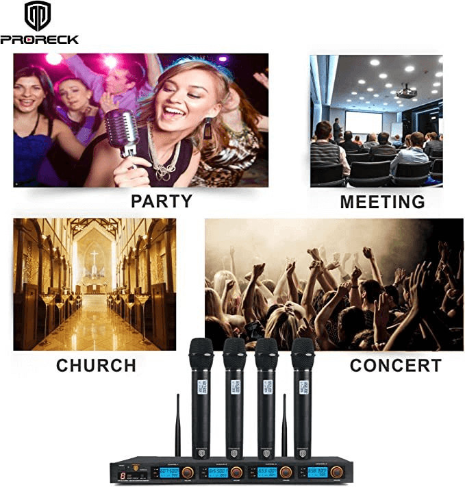PRORECK MX44 4-Ch UHF Wireless Microphone System 4 Handheld Mics Karaoke Party