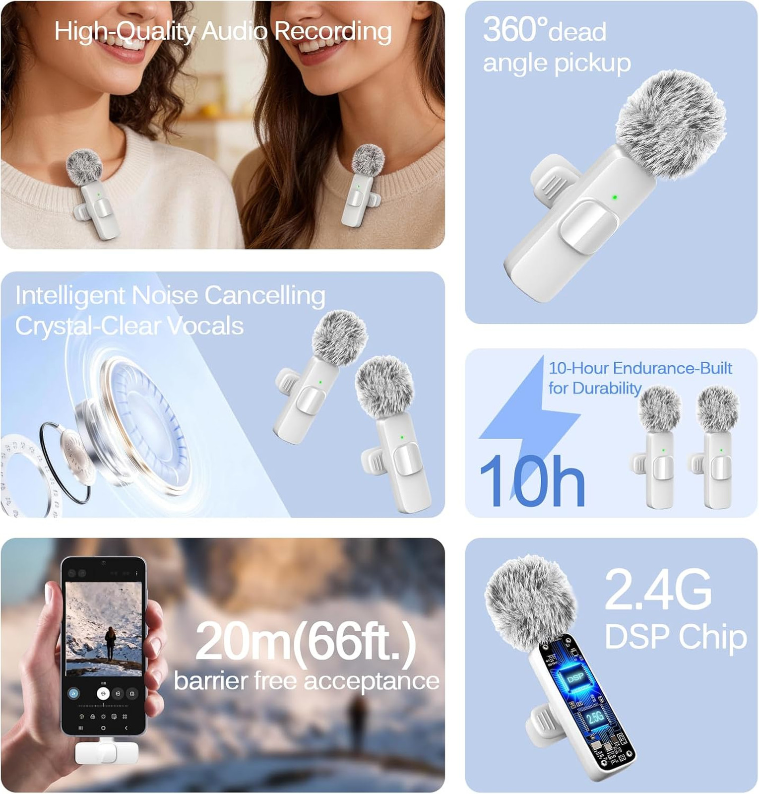 Wireless Lavalier Microphone Pack for iPhone Android, Noise Cancellation