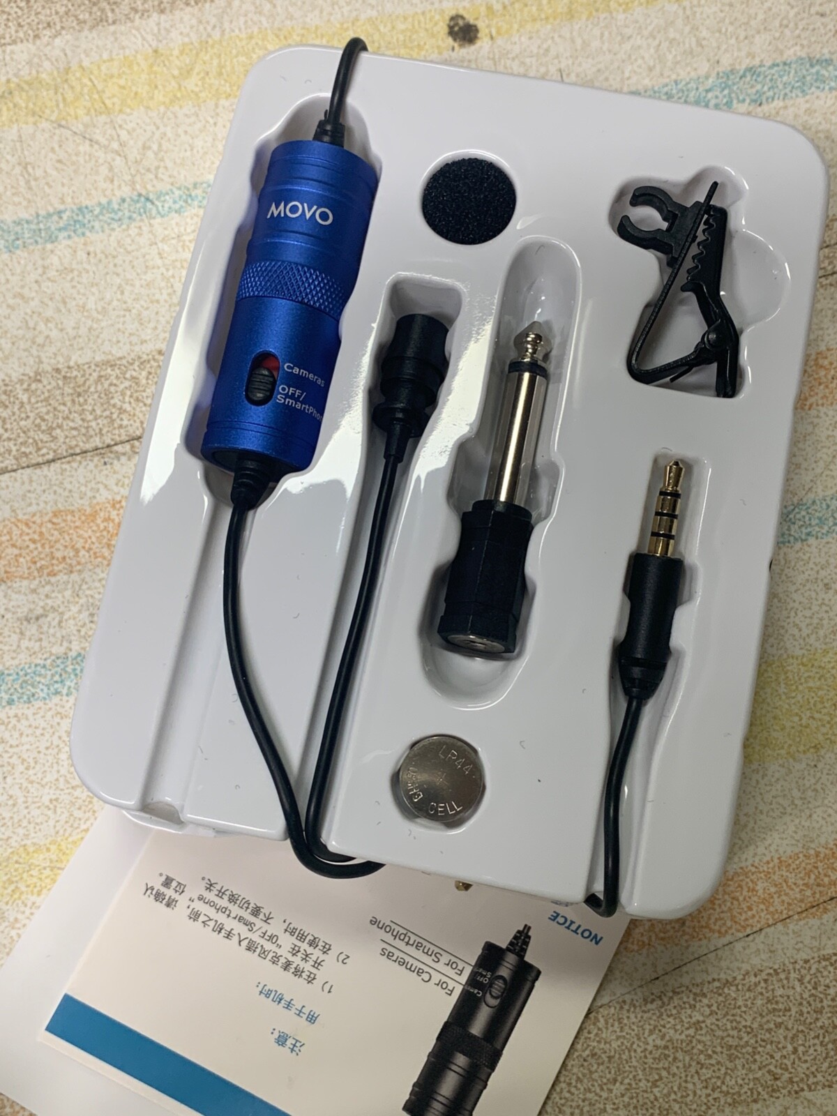 Movo LV1 Lapel Clip-on Mic w/ Headphone Monitoring, Blue, for DSLR Smartphone +
